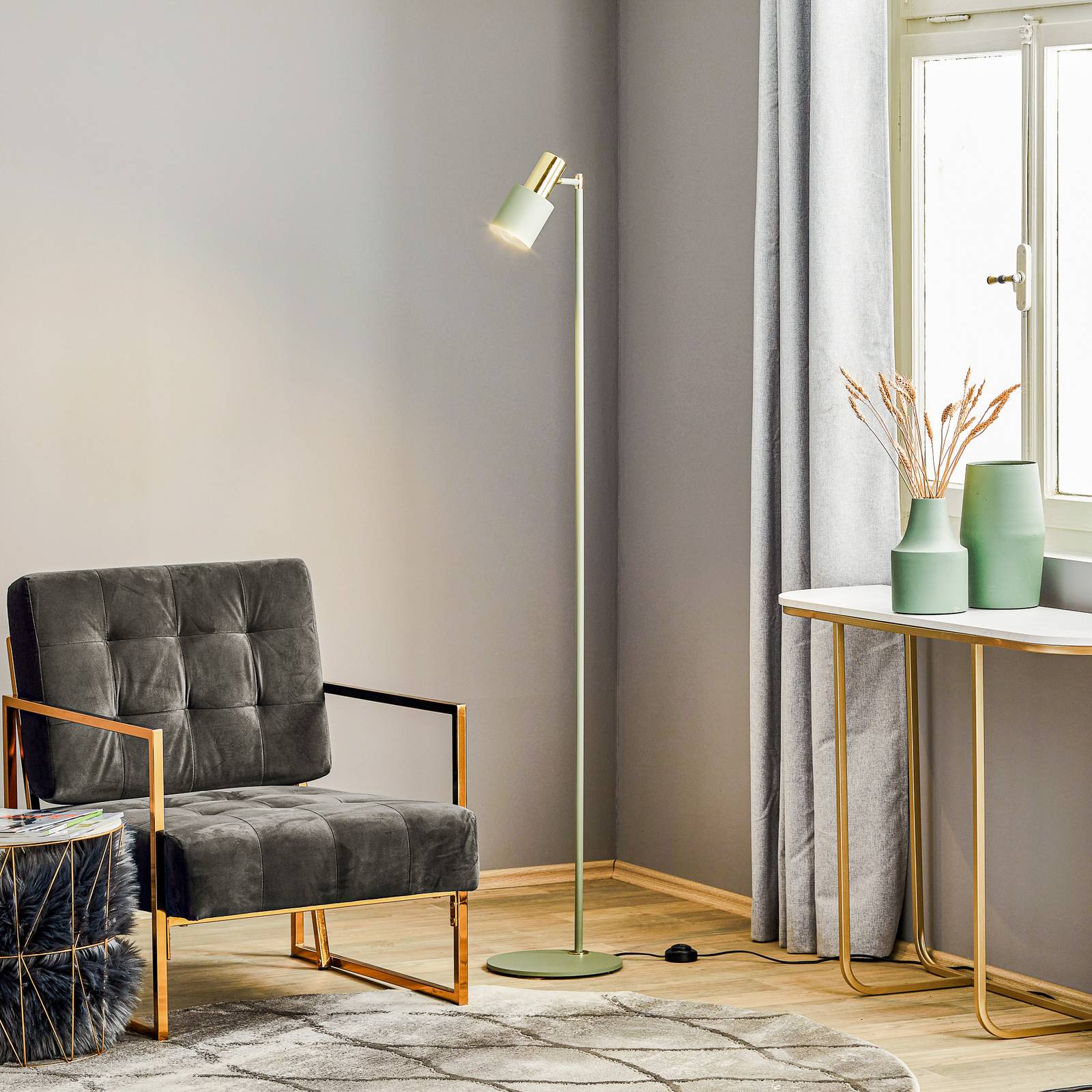 Argon Vloerlamp Destin, verstelbaar groen/messing