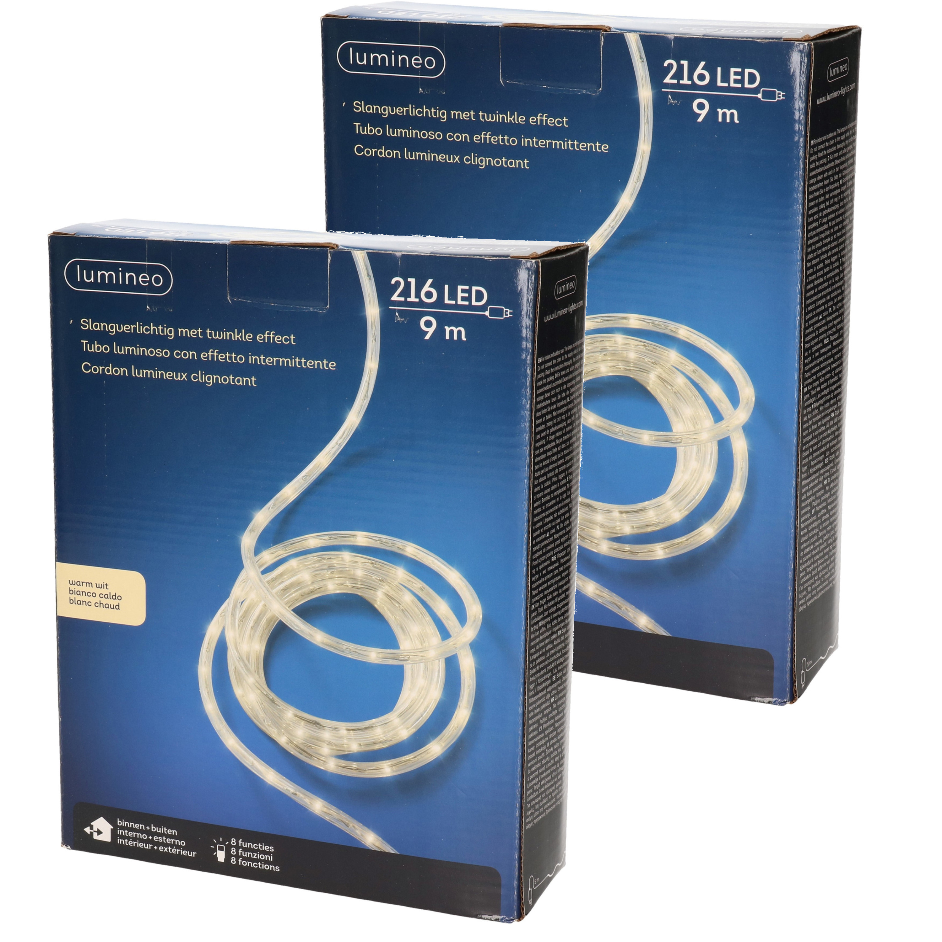 Merkloos Set van 2x stuks lichtslang/slangverlichting warm wit 9 meter met twinkel effect 216 lampjes -