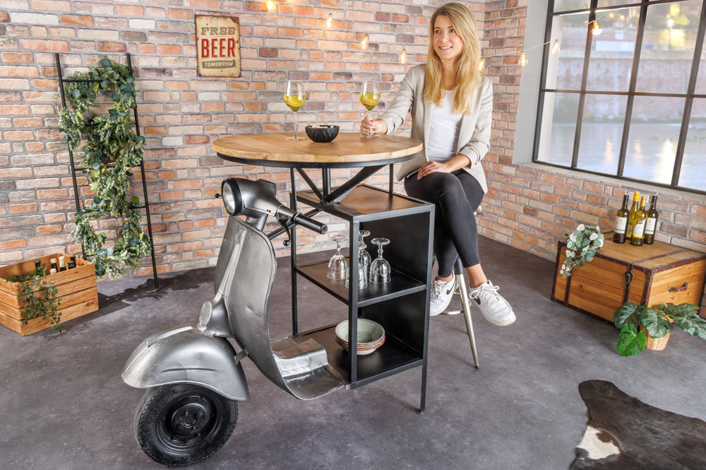 Invicta Interior Vintage bartafel UPCYCLING SCOOTER 120cm zilver mangohout rond handgemaakt - 43596