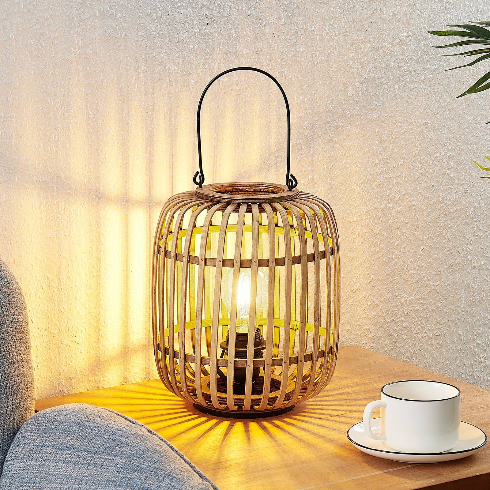 LINDBY Canyana tafellamp, naturel, rotan, 27 cm hoog
