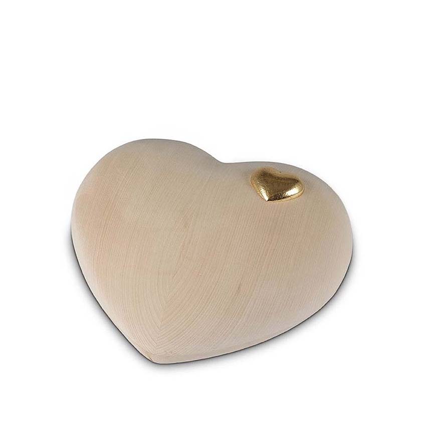 Urnwebshop Kleine Lindehouten Hart Urn Naturel, met gouden hartje (0.5 liter)
