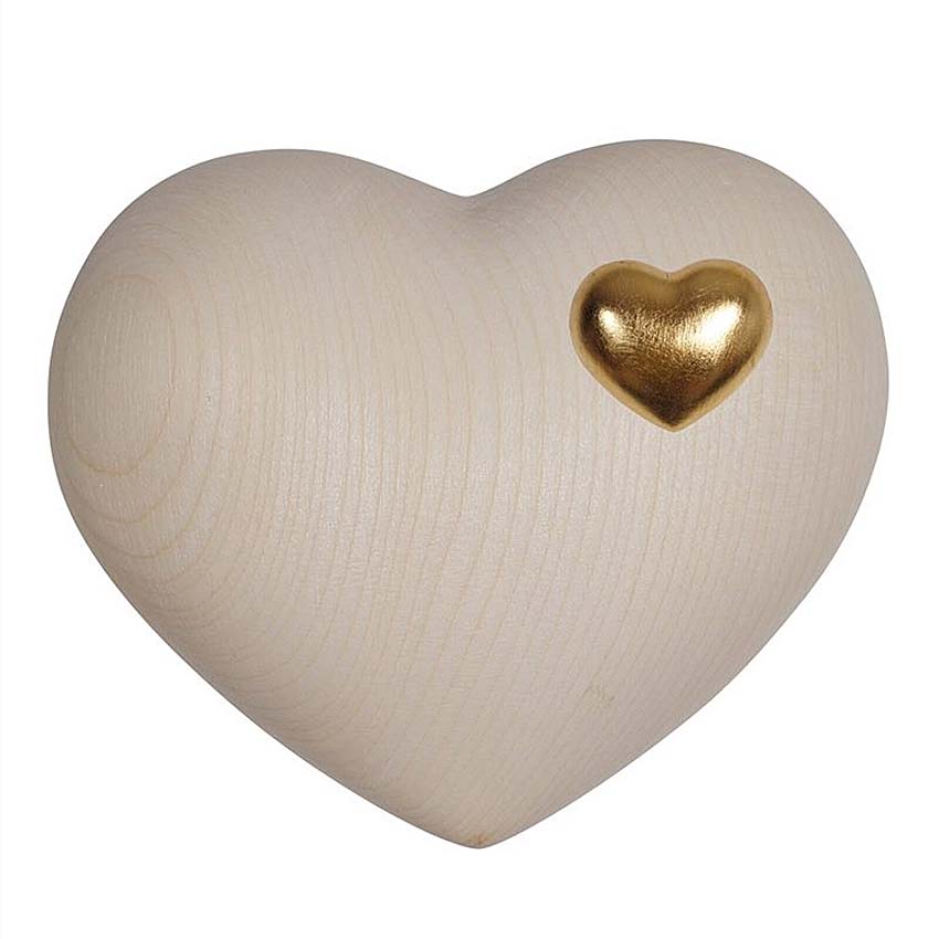 Urnwebshop Grote Lindehouten Hart Urn Naturel, met gouden hartje (3 liter)