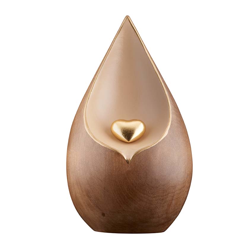 Urnwebshop Grote Traan Urn, Gouden Hart, Gebeitst Lindehout (4 liter)