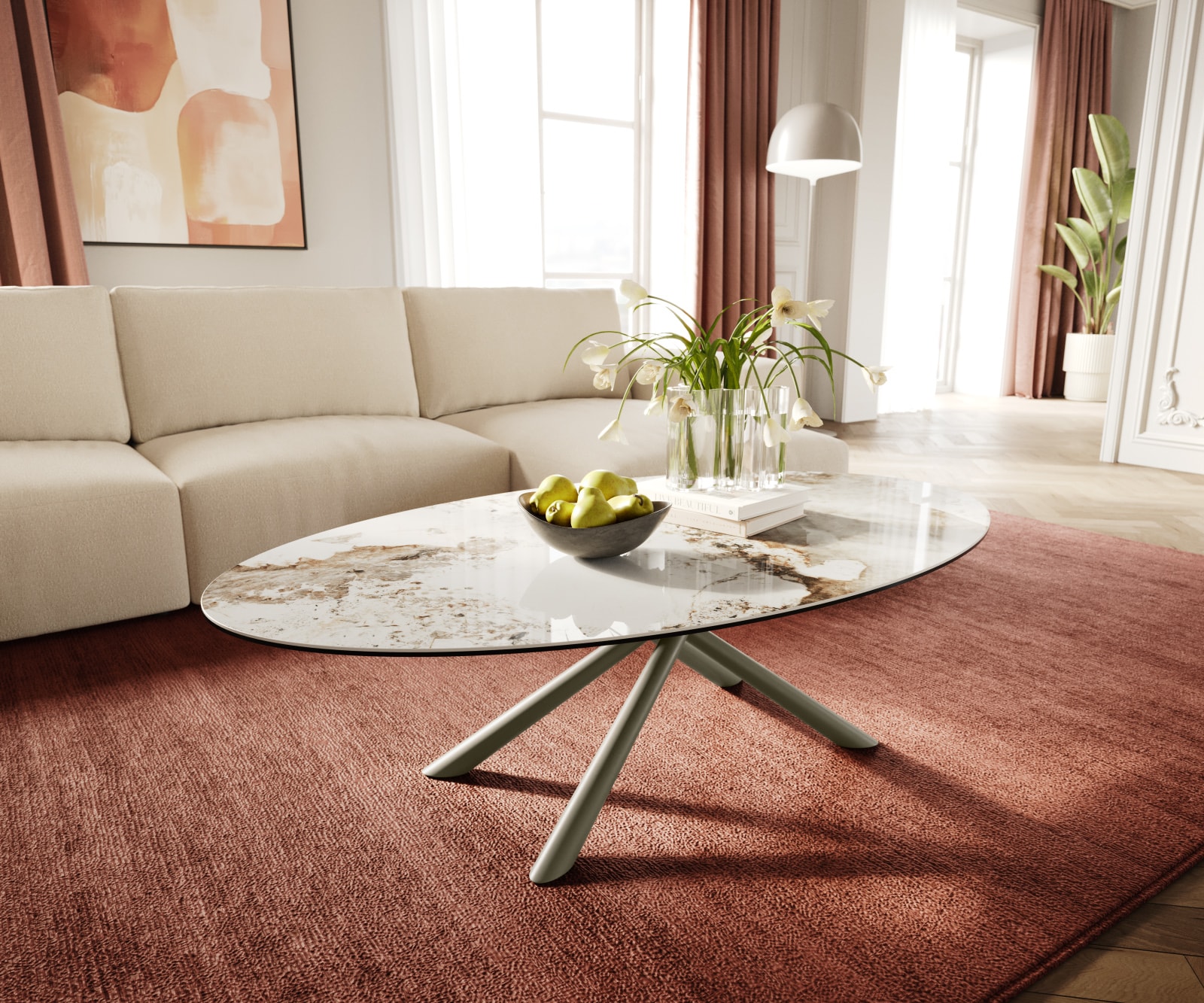 DELIFE Couchtisch Edge Oval 140x80 cm Keramik Minas Melange Sarity Metall Effektfinish Titan