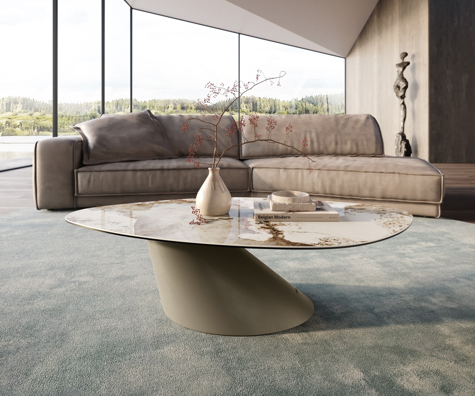 DELIFE Couchtisch Edge Organisch 140x76 cm Keramik Minas Melange Conis Metall Effektfinish Titan