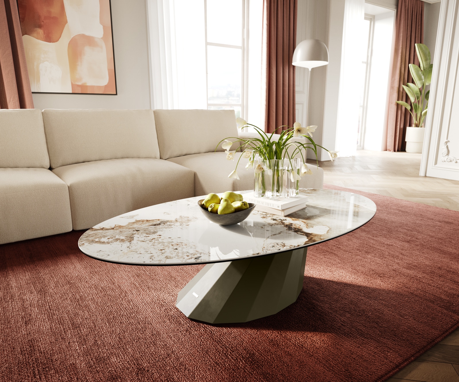 DELIFE Couchtisch Edge Oval 140x80 cm Keramik Minas Melange Parabi Metall Effektfinish Titan