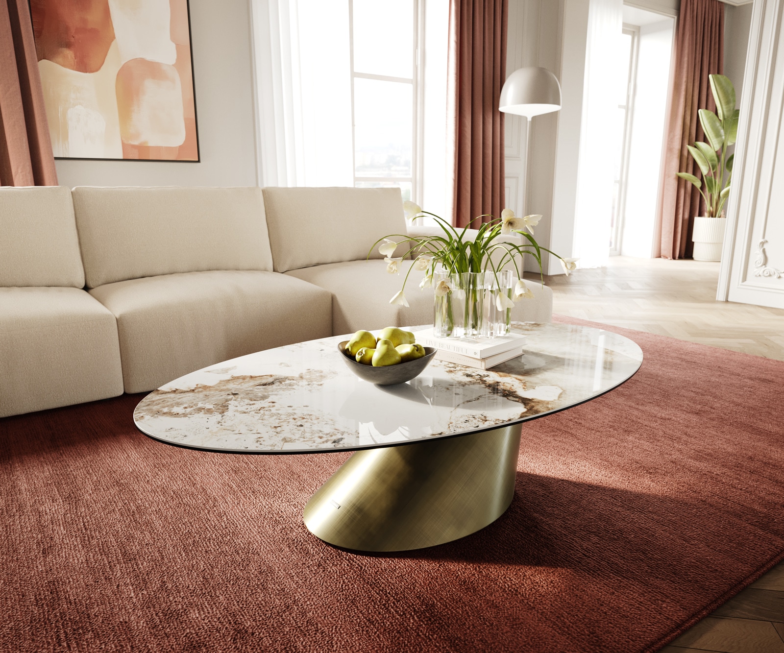 DELIFE Couchtisch Edge Oval 140x80 cm Keramik Minas Melange Conis Metallic Gold