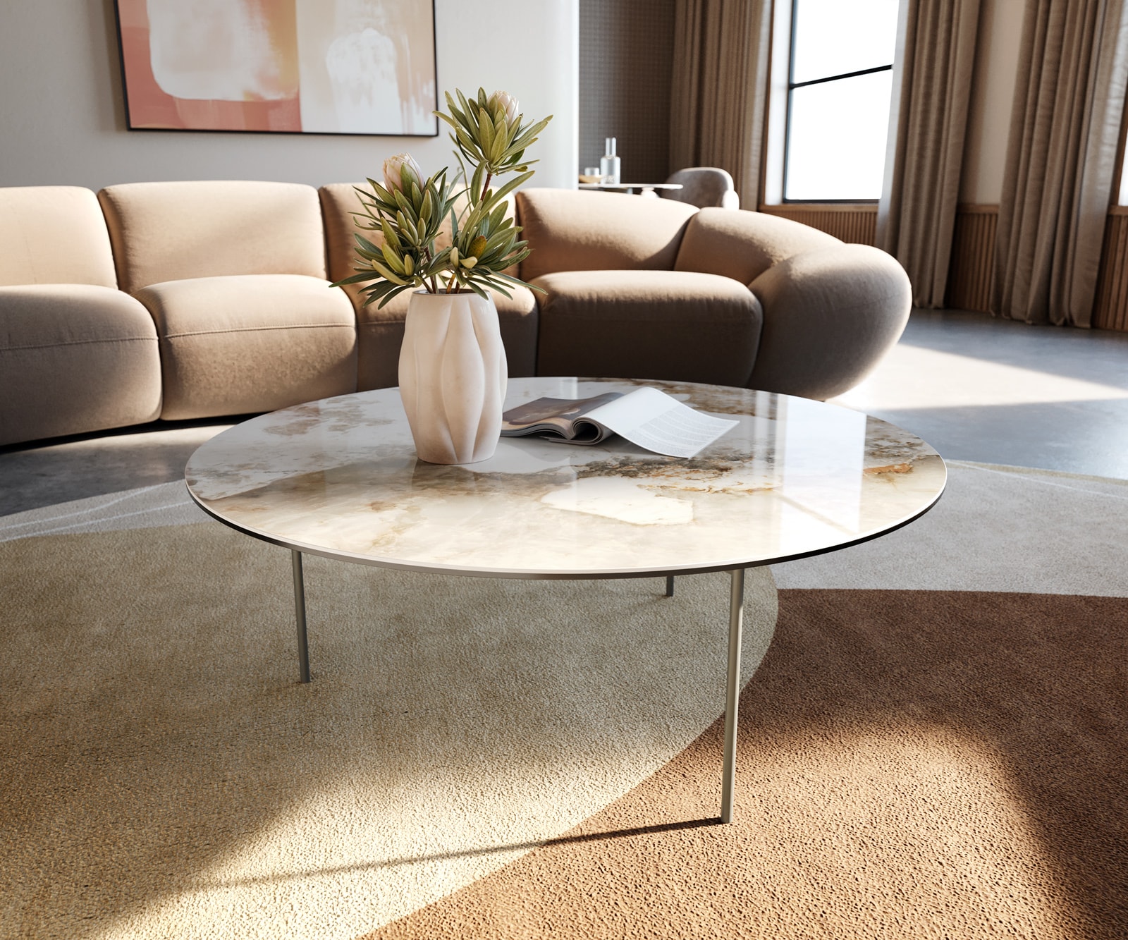 DELIFE Couchtisch Edge Rund 90x90 cm Keramik Minas Melange Trive Metall Effektfinish Titan
