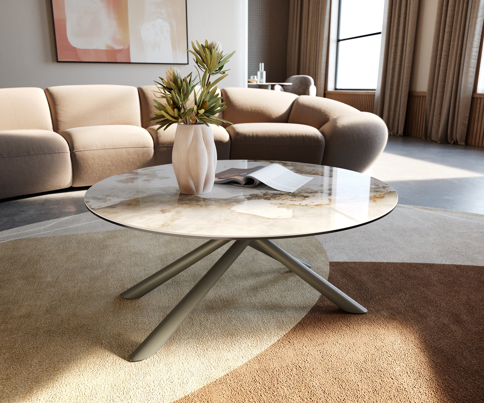 DELIFE Couchtisch Edge Rund 90x90 cm Keramik Minas Melange Sarity Metall Effektfinish Titan