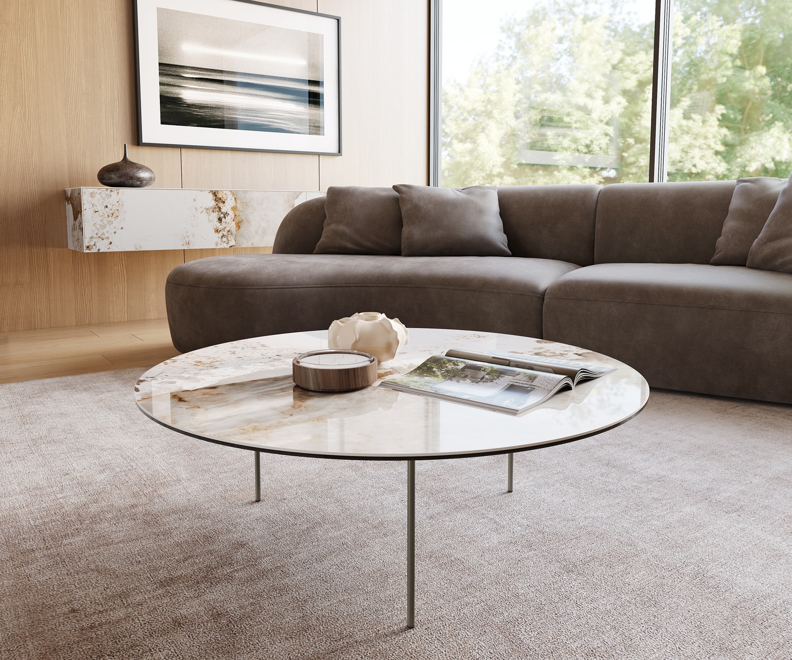 DELIFE Couchtisch Edge Rund 100x100 cm Keramik Minas Melange Trive Metall Effektfinish Titan