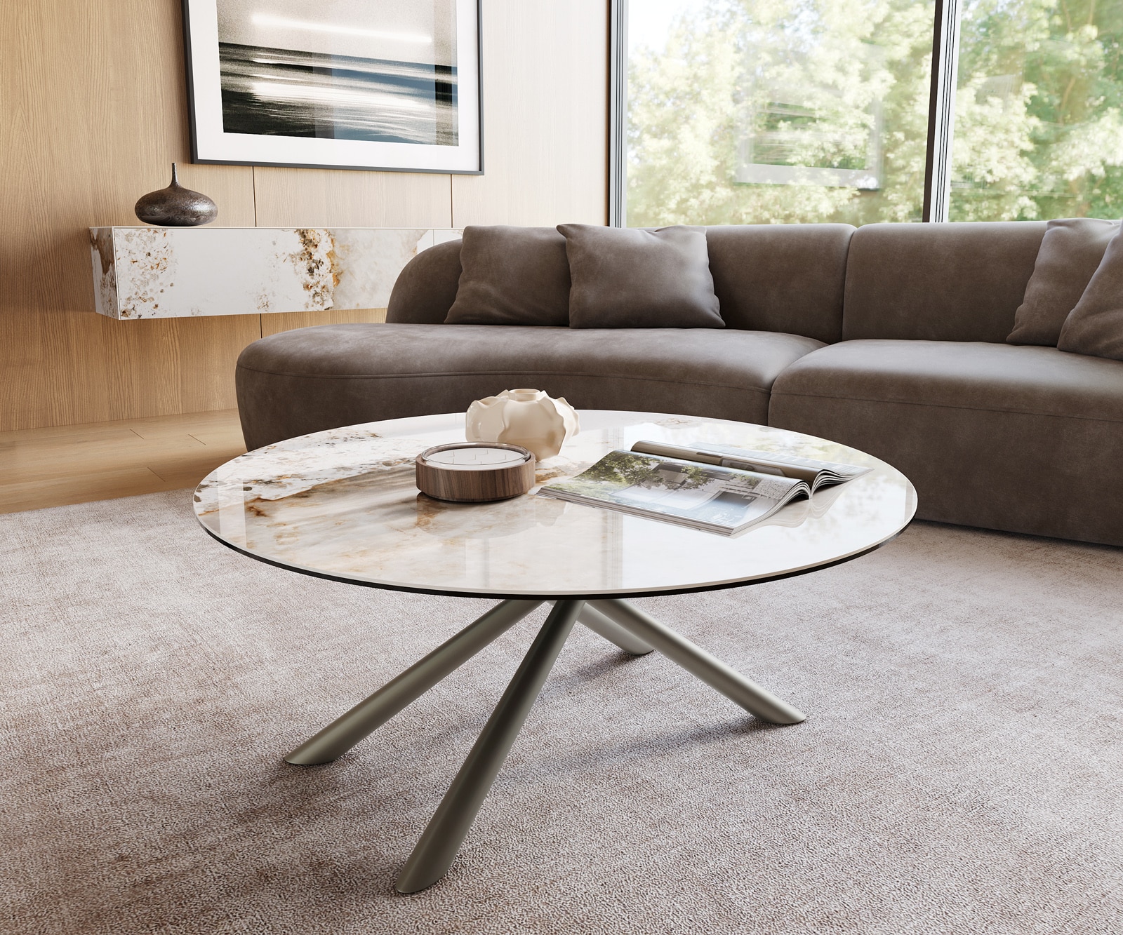 DELIFE Couchtisch Edge Rund 100x100 cm Keramik Minas Melange Sarity Metall Effektfinish Titan