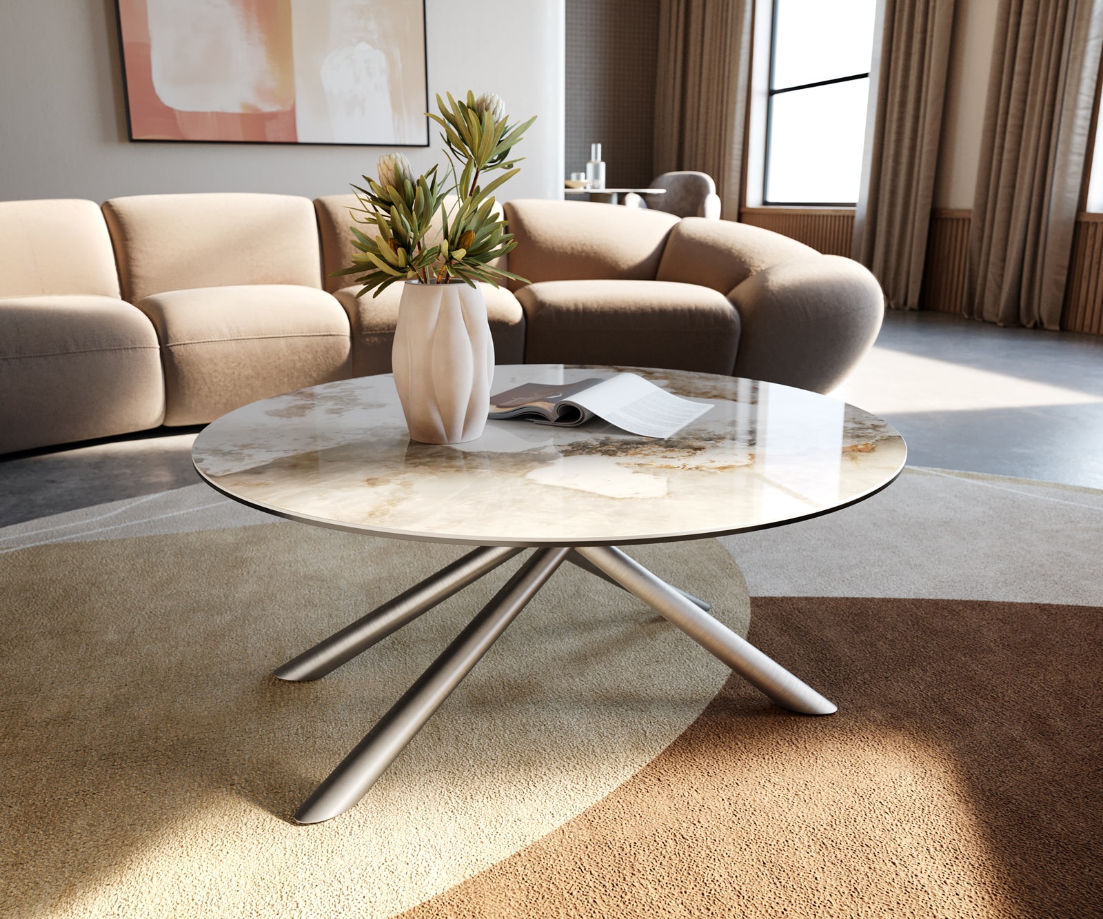 DELIFE Couchtisch Edge Rund 90x90 cm Keramik Minas Melange Sarity Edelstahl gebürstet