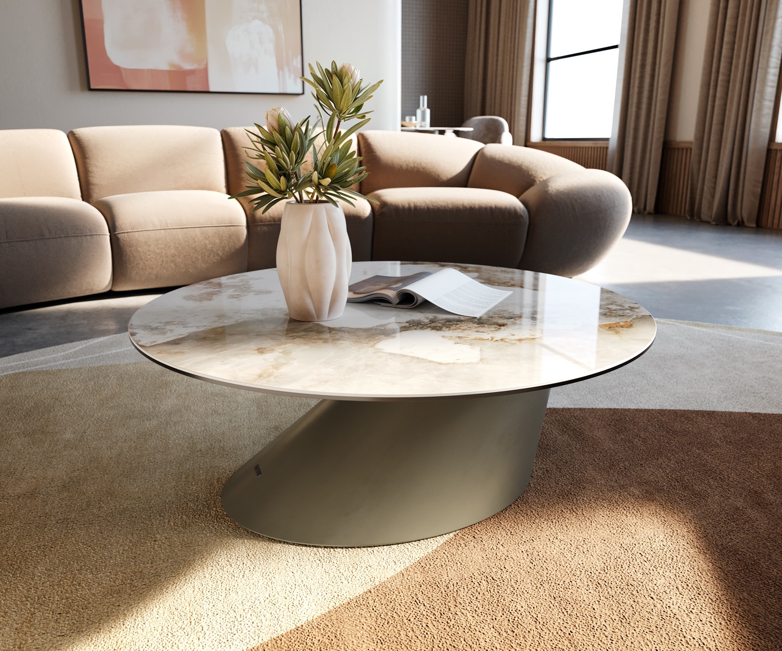 DELIFE Couchtisch Edge Rund 90x90 cm Keramik Minas Melange Conis Metall Effektfinish Titan
