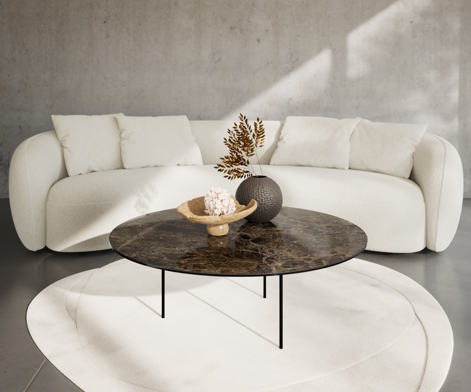 DELIFE Couchtisch Edge Rund 100x100 cm Keramik Laminam Emperador Extra Lucidato Dunkelbraun Trive Metall Schwarz