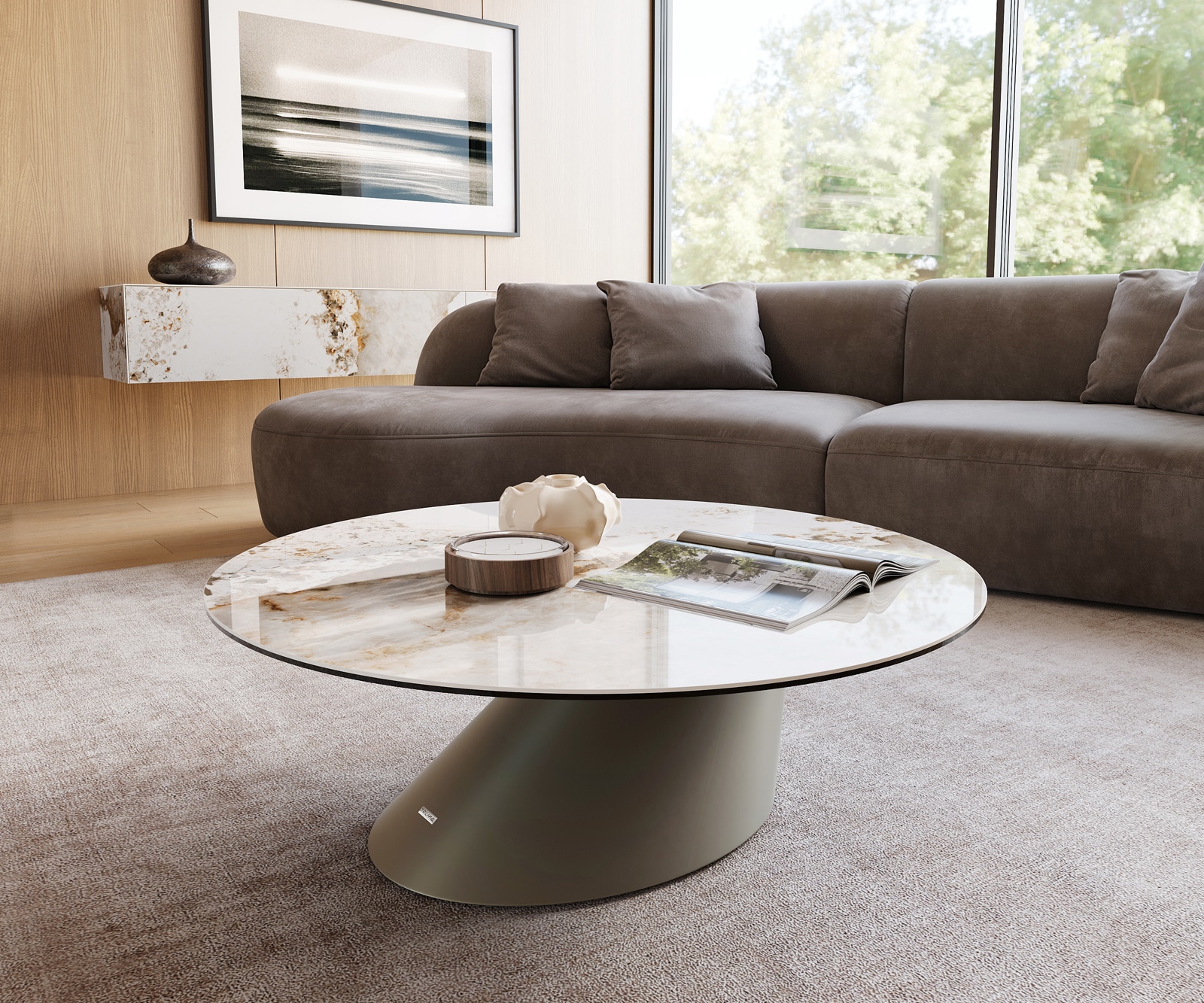 DELIFE Couchtisch Edge Rund 100x100 cm Keramik Minas Melange Conis Metall Effektfinish Titan