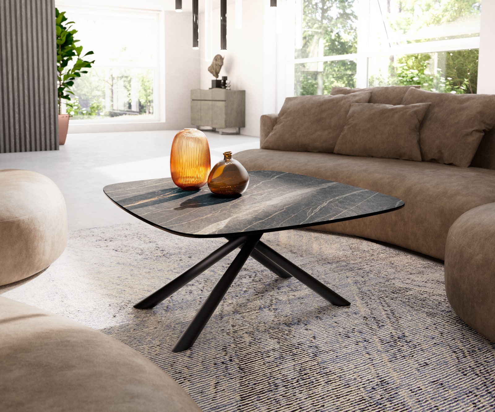 DELIFE Couchtisch Edge Boot 90x90 cm Keramik Laminam Noir Desir Braun Sarity Metall Schwarz