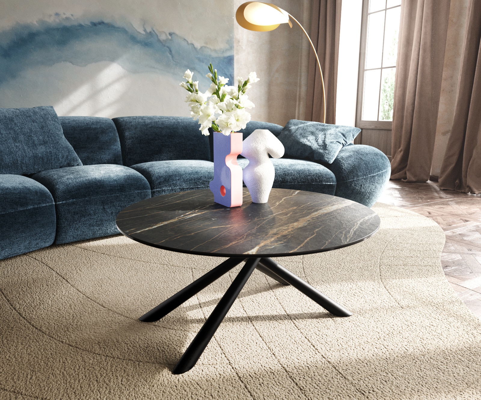 DELIFE Couchtisch Edge Rund 90x90 cm Keramik Laminam Noir Desir Braun Sarity Metall Schwarz