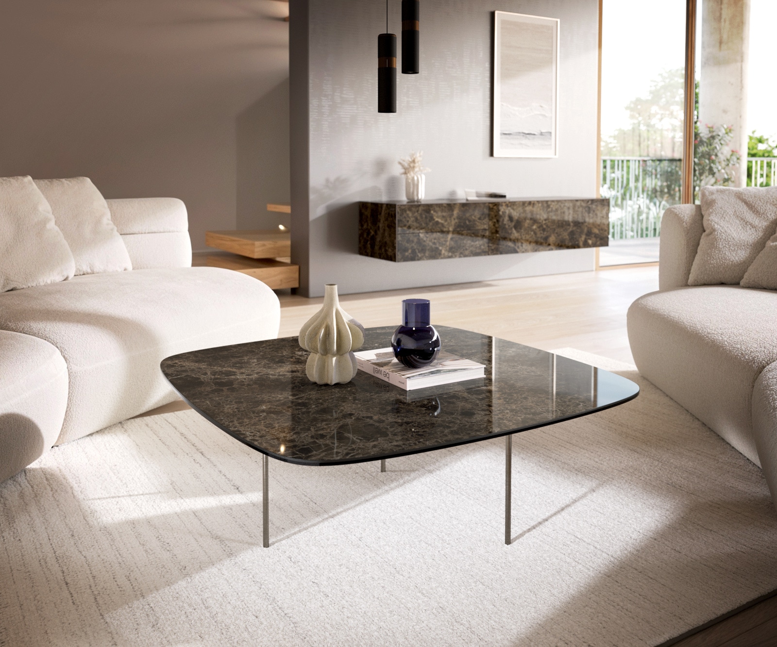 DELIFE Couchtisch Edge Boot 90x90 cm Keramik Laminam Emperador Extra Lucidato Dunkelbraun Trive Edelstahl gebürstet