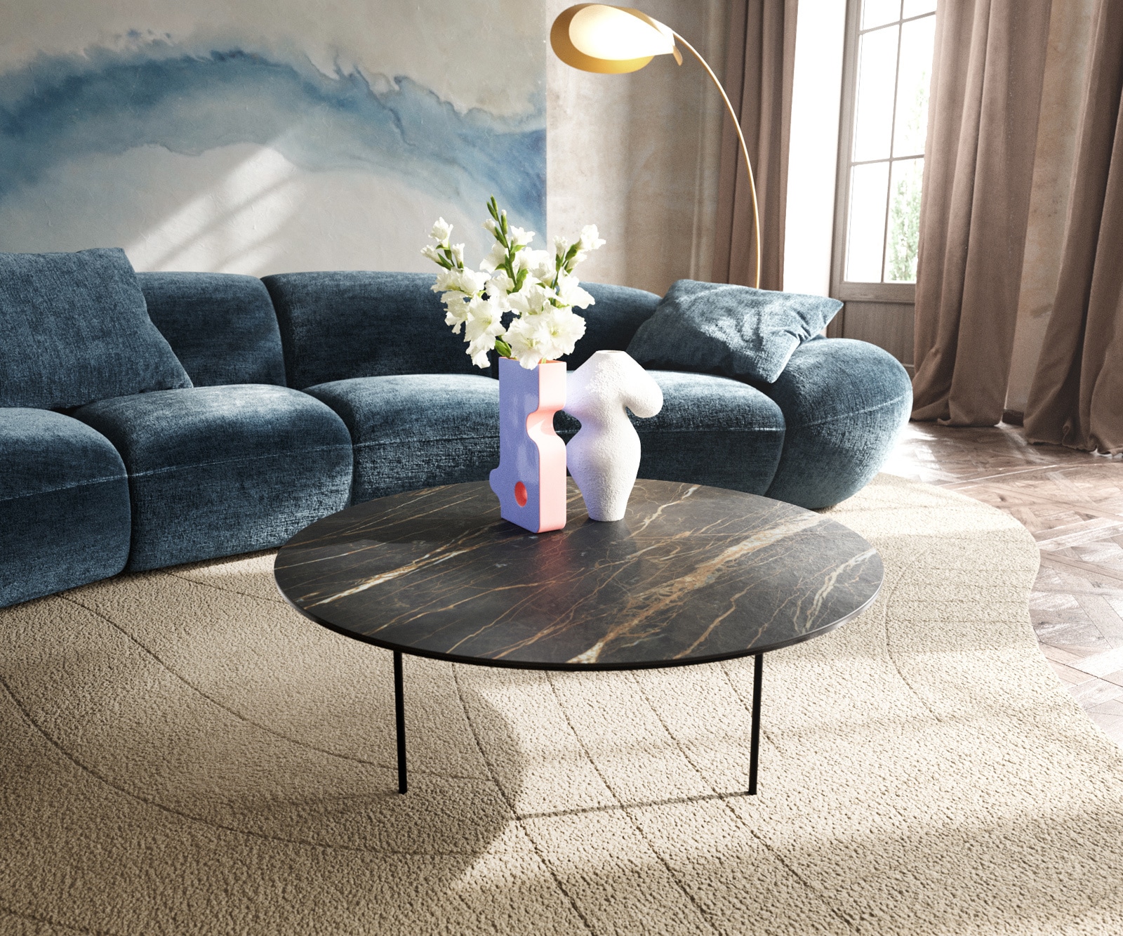 DELIFE Couchtisch Edge Rund 90x90 cm Keramik Laminam Noir Desir Braun Trive Metall Schwarz