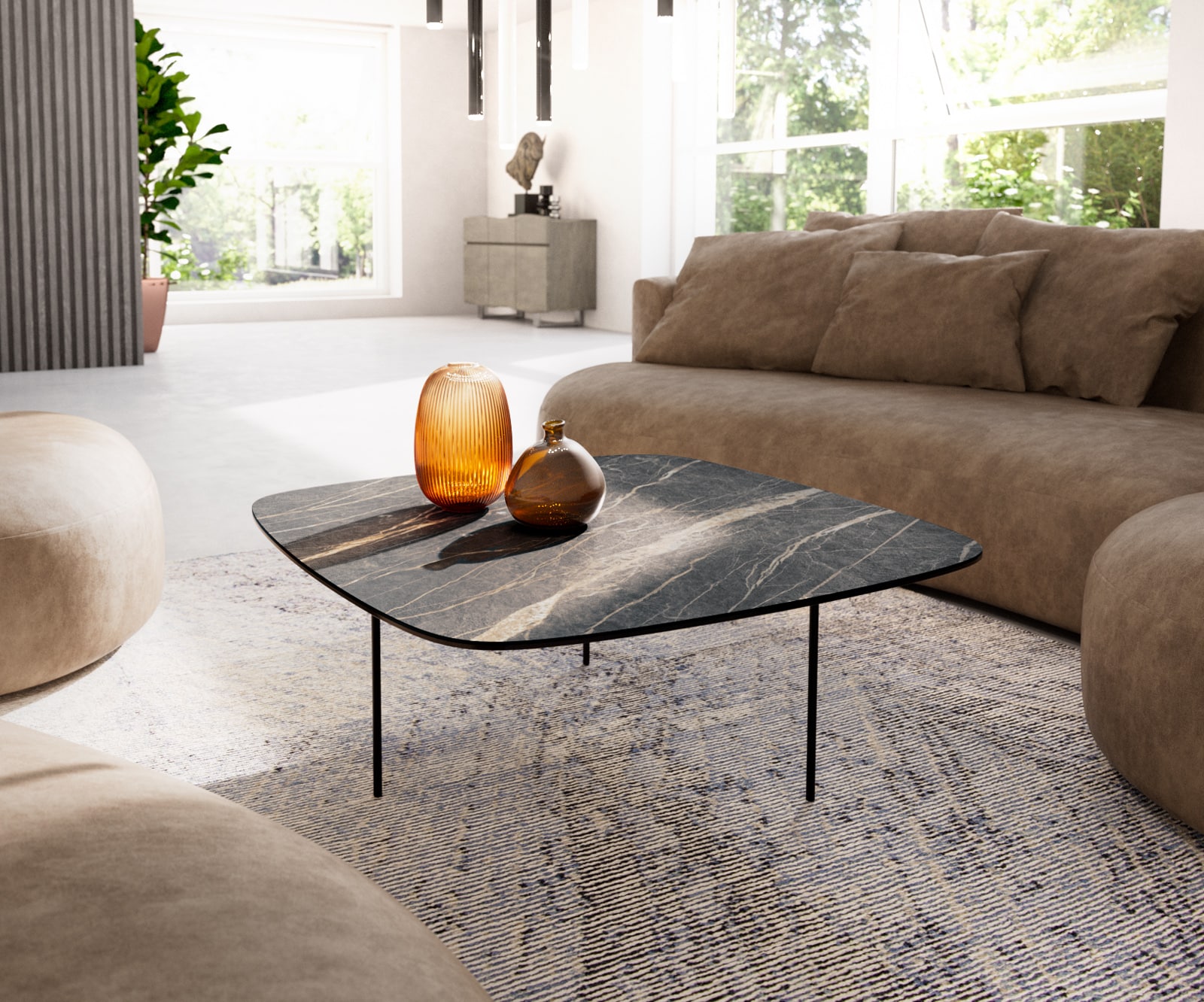 DELIFE Couchtisch Edge Boot 90x90 cm Keramik Laminam Noir Desir Braun Trive Metall Schwarz