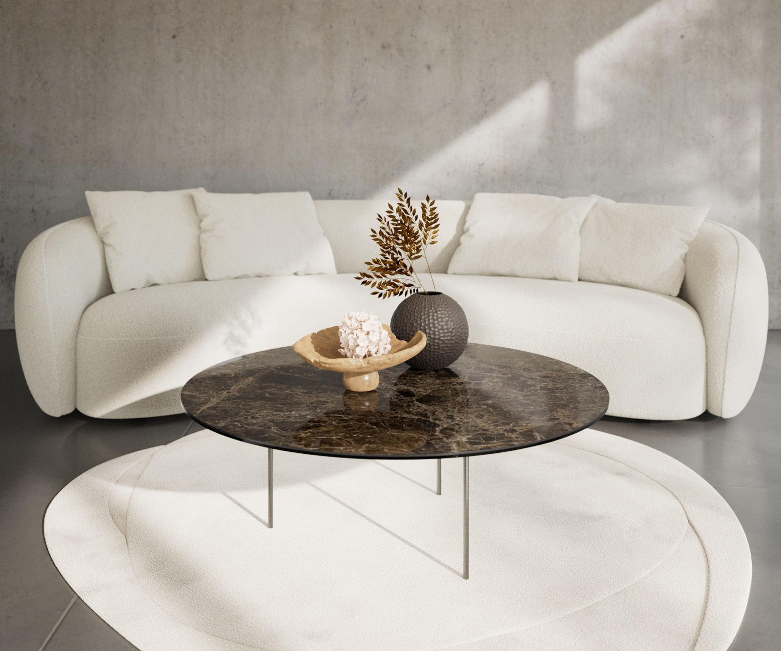 DELIFE Couchtisch Edge Rund 100x100 cm Keramik Laminam Emperador Extra Lucidato Dunkelbraun Trive Edelstahl gebürstet