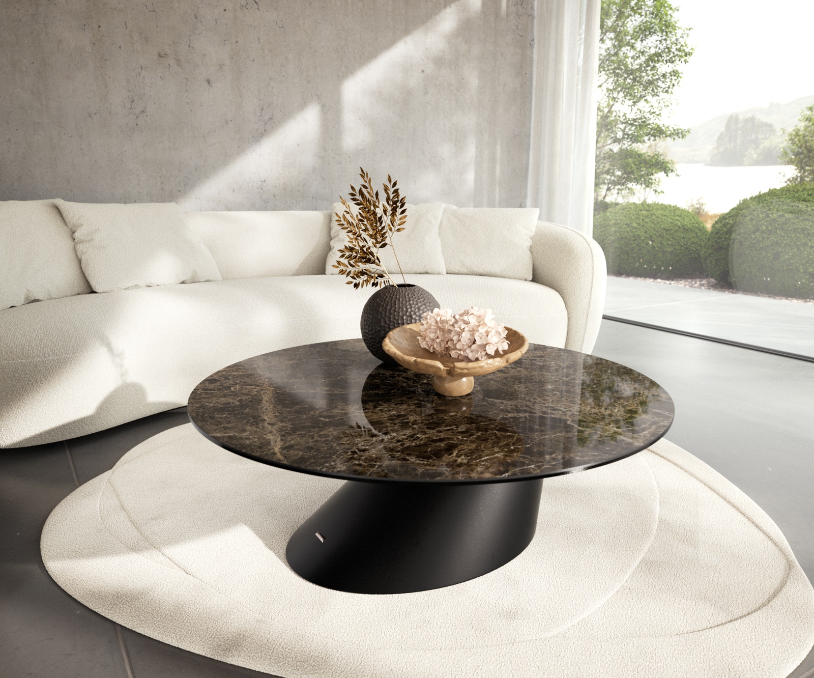 DELIFE Couchtisch Edge Rund 100x100 cm Keramik Laminam Emperador Extra Lucidato Dunkelbraun Conis Metall Schwarz
