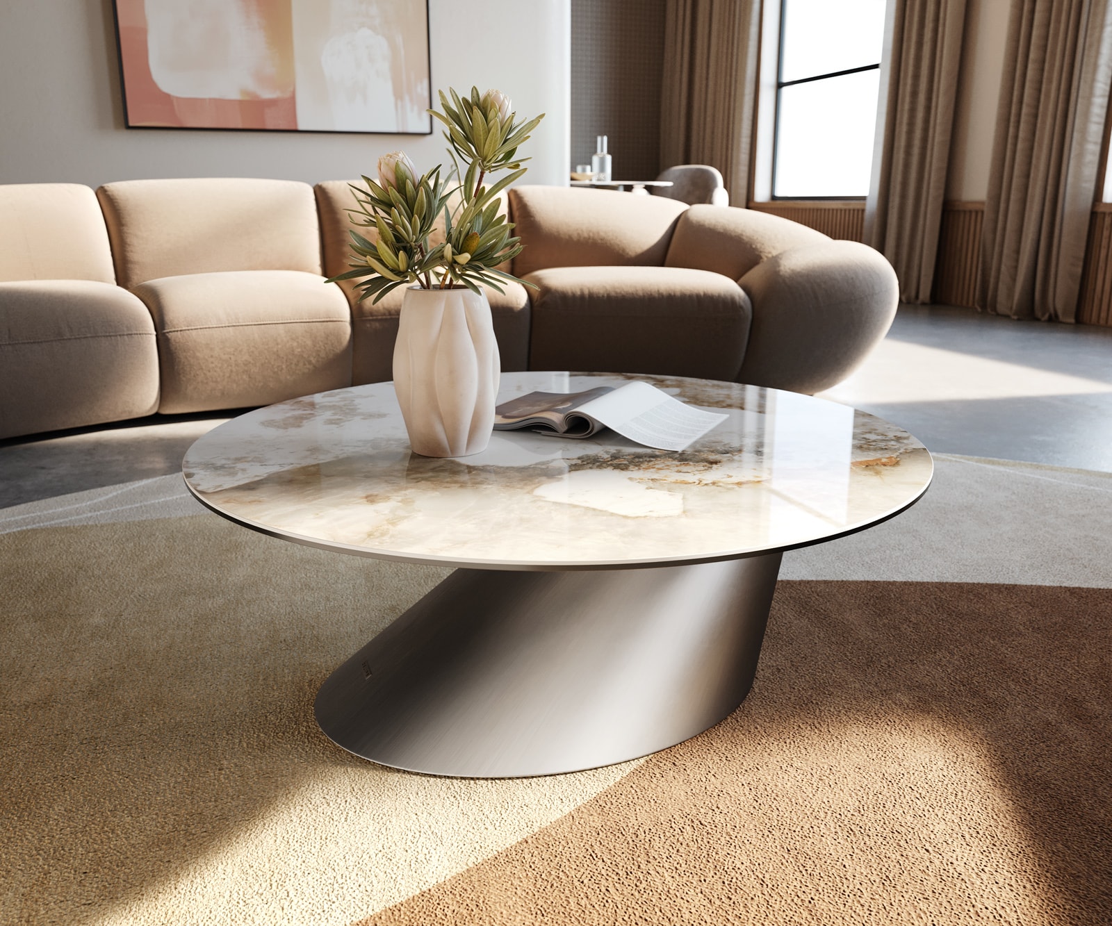 DELIFE Couchtisch Edge Rund 90x90 cm Keramik Minas Melange Conis Edelstahl gebürstet