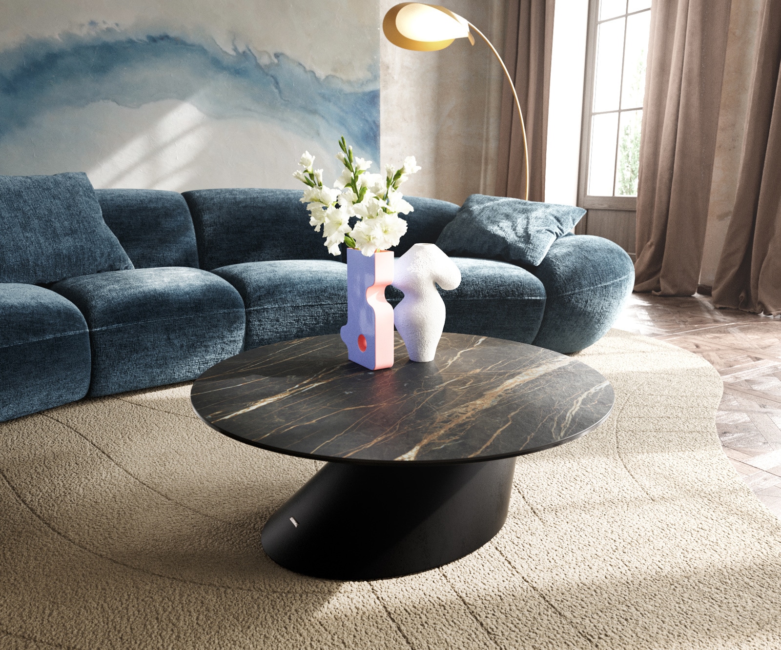 DELIFE Couchtisch Edge Rund 90x90 cm Keramik Laminam Noir Desir Braun Conis Metall Schwarz