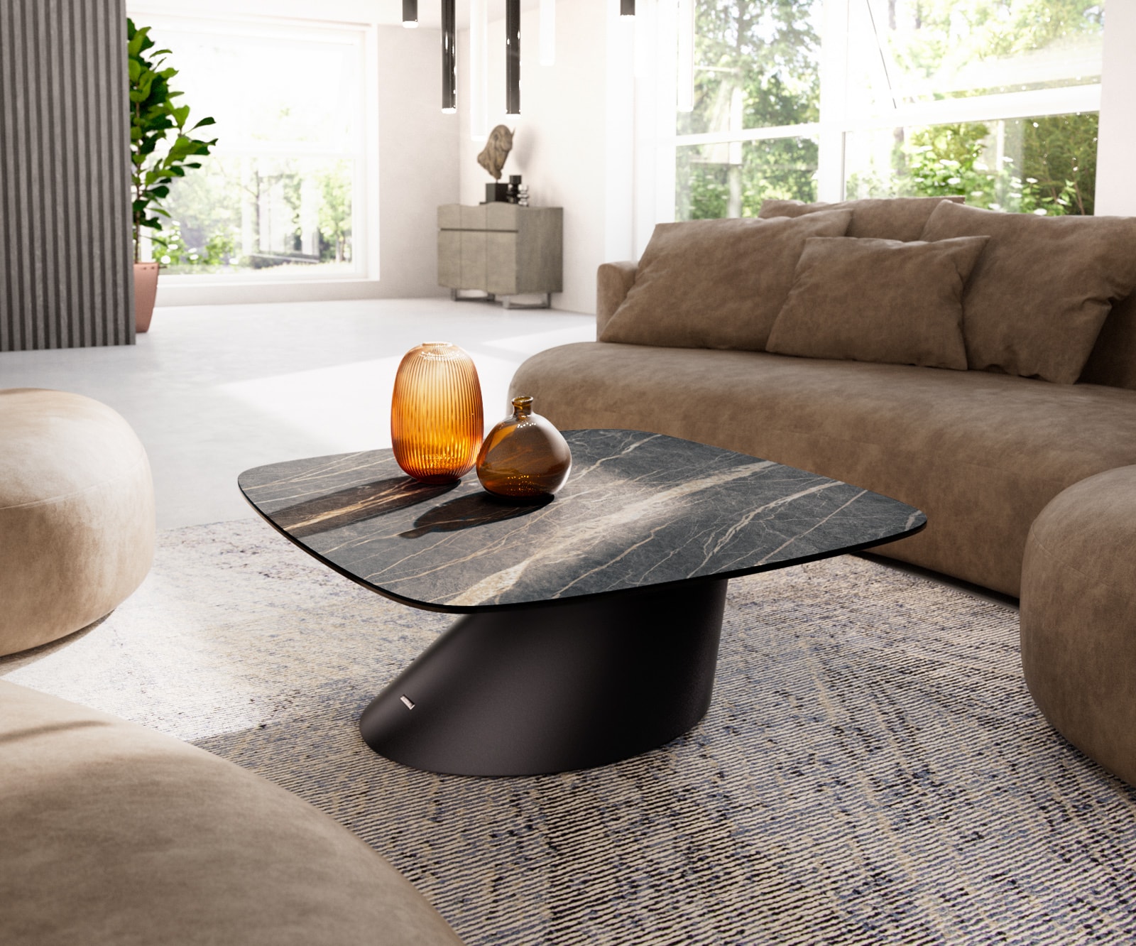 DELIFE Couchtisch Edge Boot 90x90 cm Keramik Laminam Noir Desir Braun Conis Metall Schwarz
