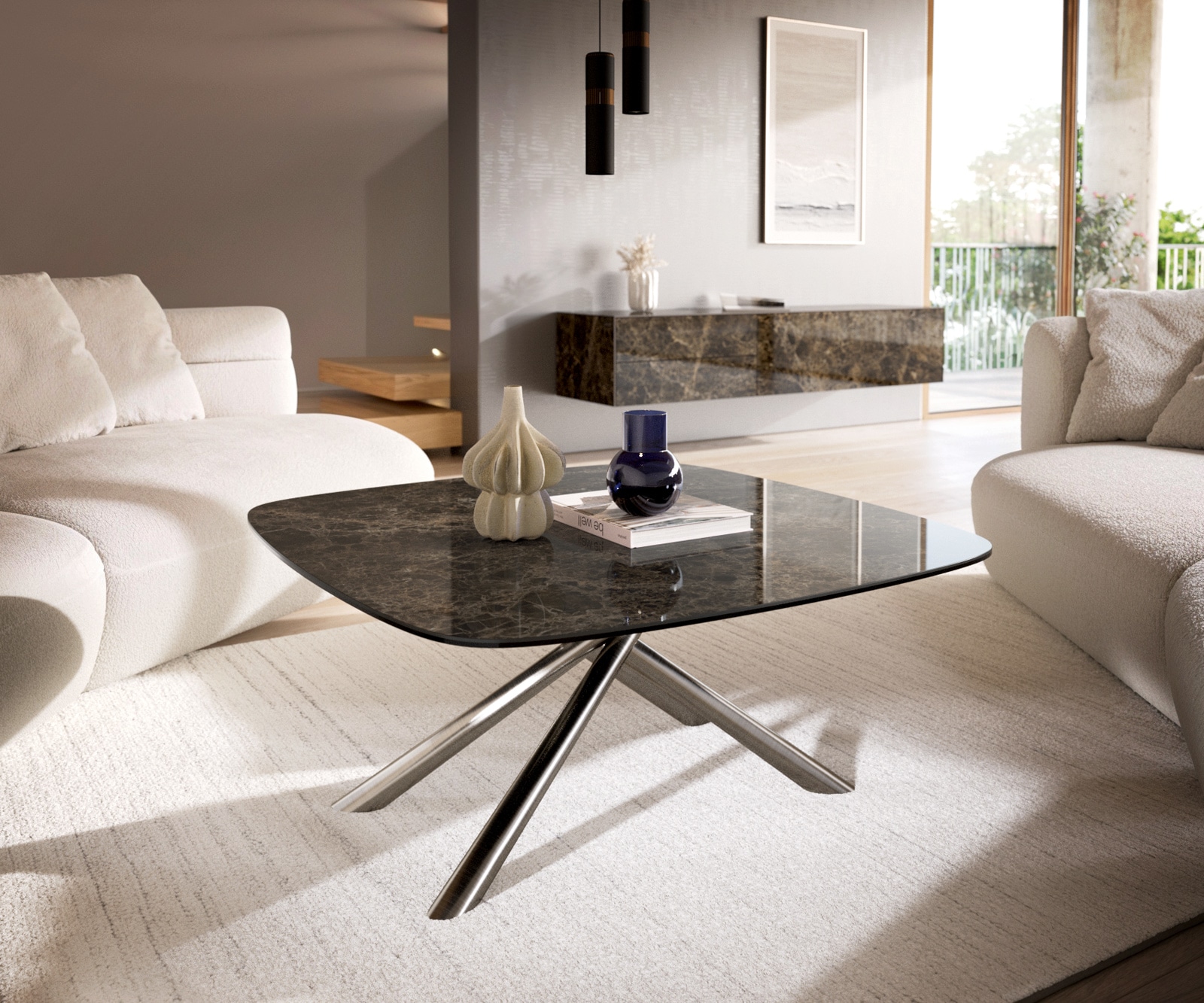 DELIFE Couchtisch Edge Boot 90x90 cm Keramik Laminam Emperador Extra Lucidato Dunkelbraun Sarity Edelstahl gebürstet