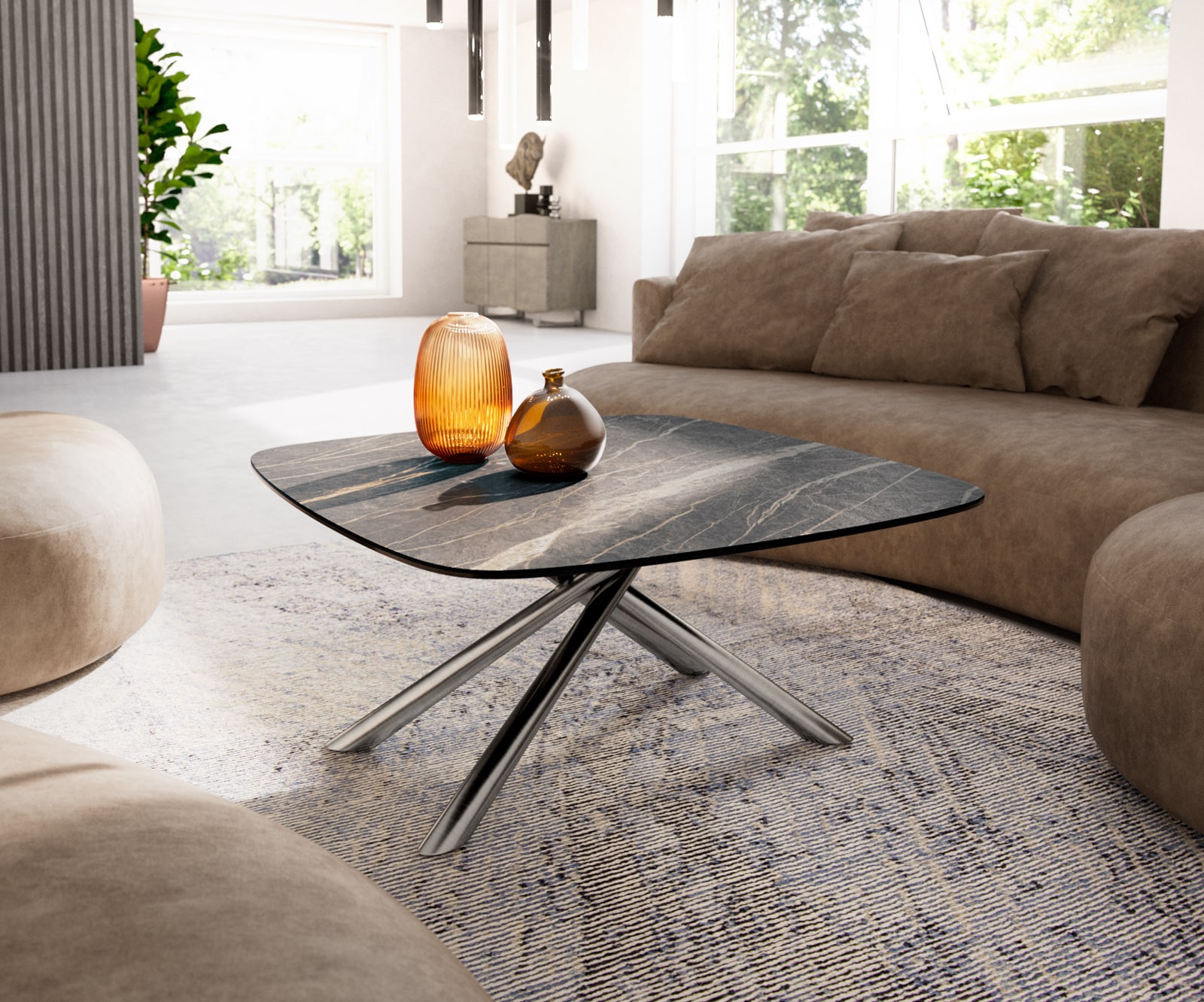 DELIFE Couchtisch Edge Boot 90x90 cm Keramik Laminam Noir Desir Braun Sarity Edelstahl gebürstet