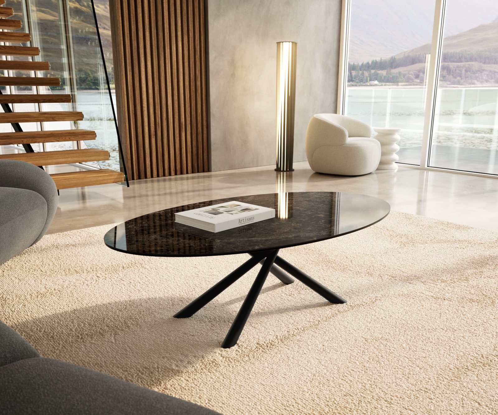 DELIFE Couchtisch Edge Oval 140x80 cm Keramik Laminam Emperador Extra Lucidato Dunkelbraun Sarity Metall Schwarz