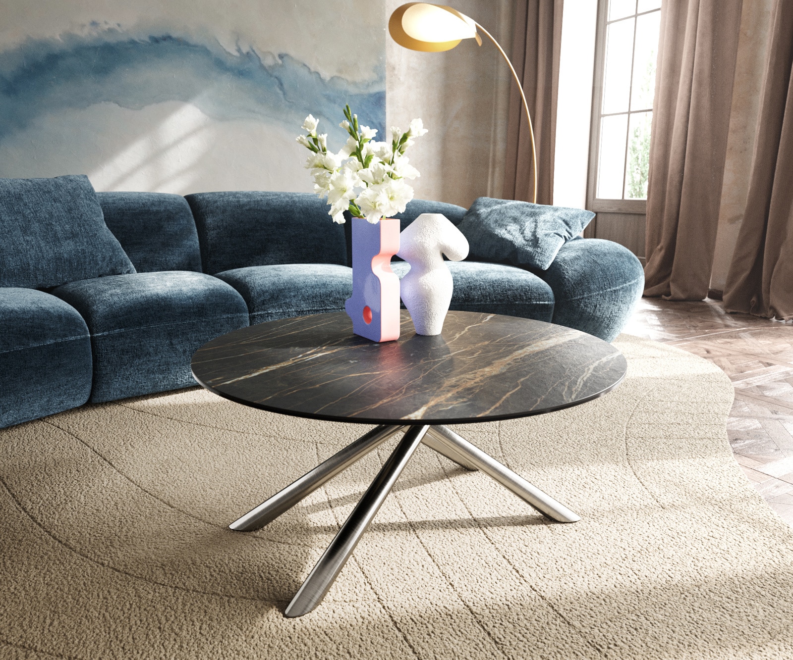 DELIFE Couchtisch Edge Rund 90x90 cm Keramik Laminam Noir Desir Braun Sarity Edelstahl gebürstet