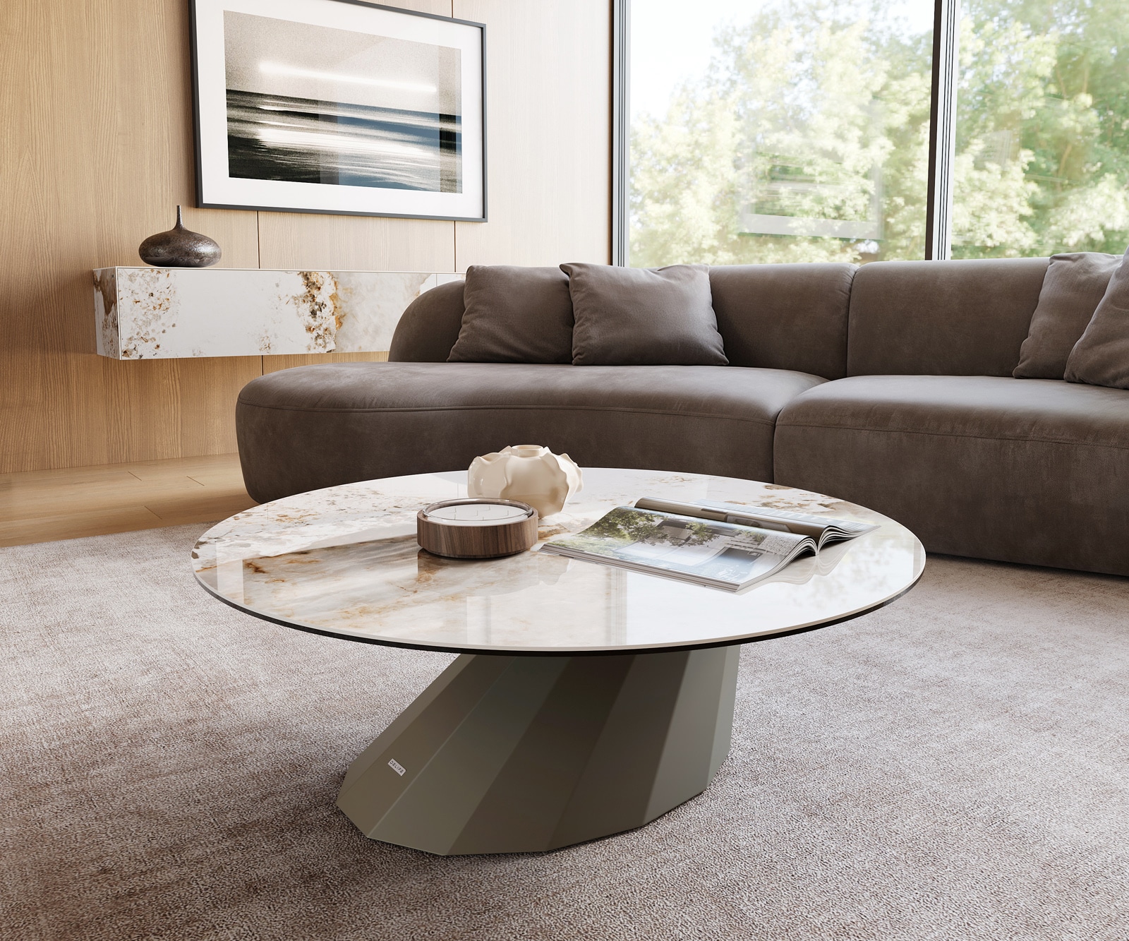 DELIFE Couchtisch Edge Rund 100x100 cm Keramik Minas Melange Parabi Metall Effektfinish Titan