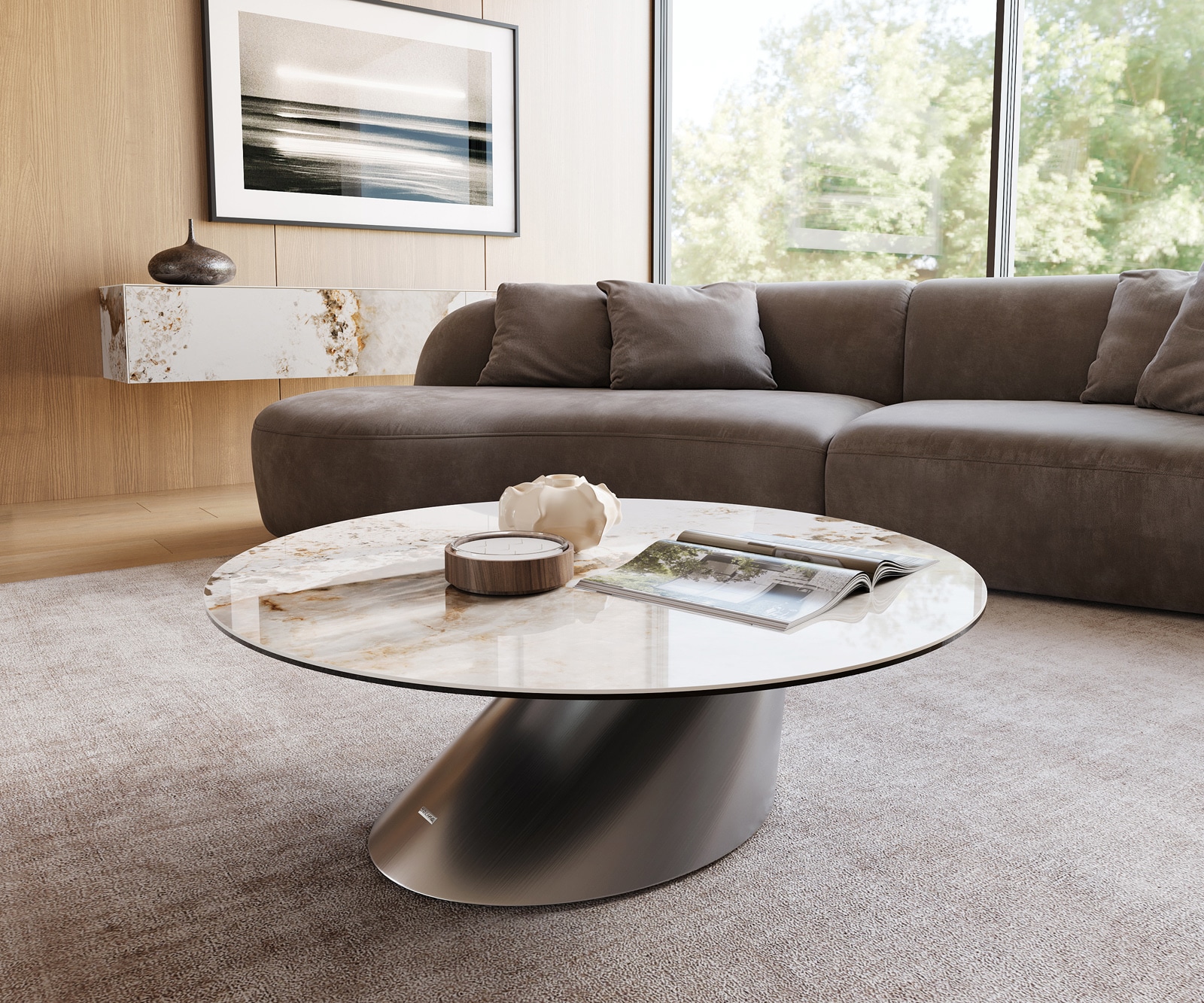 DELIFE Couchtisch Edge Rund 100x100 cm Keramik Minas Melange Conis Edelstahl gebürstet