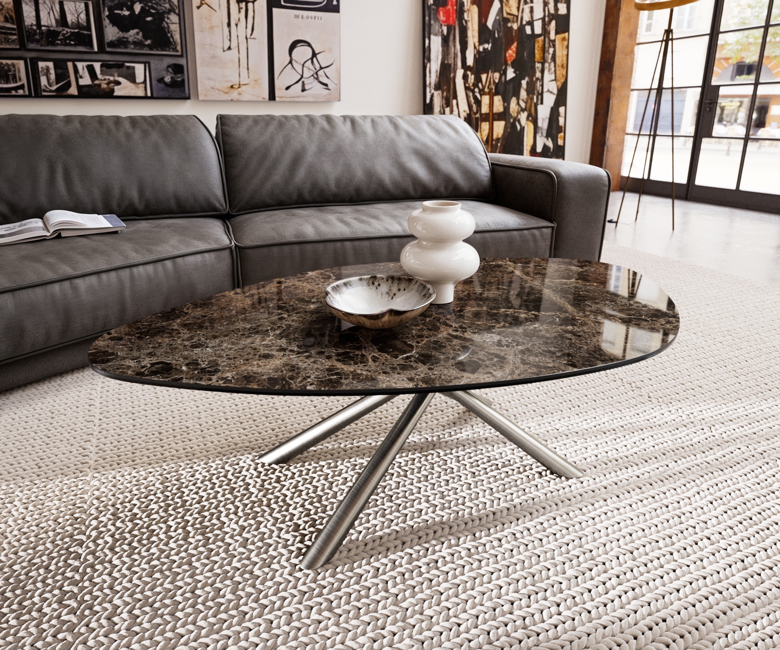 DELIFE Couchtisch Edge Organisch 140x76 cm Keramik Laminam Emperador Extra Lucidato Dunkelbraun Sarity Edelstahl gebürstet
