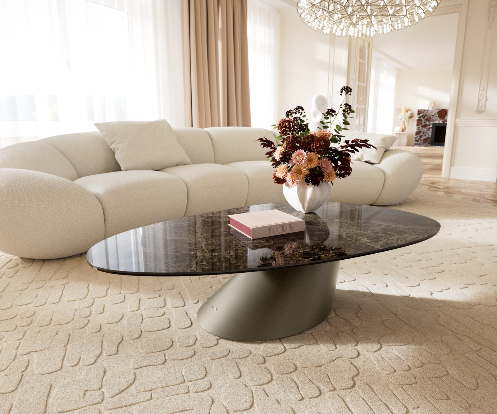 DELIFE Couchtisch Edge Oval 140x75 cm Keramik Laminam Emperador Extra Lucidato Dunkelbraun Conis Metall Effektfinish Titan