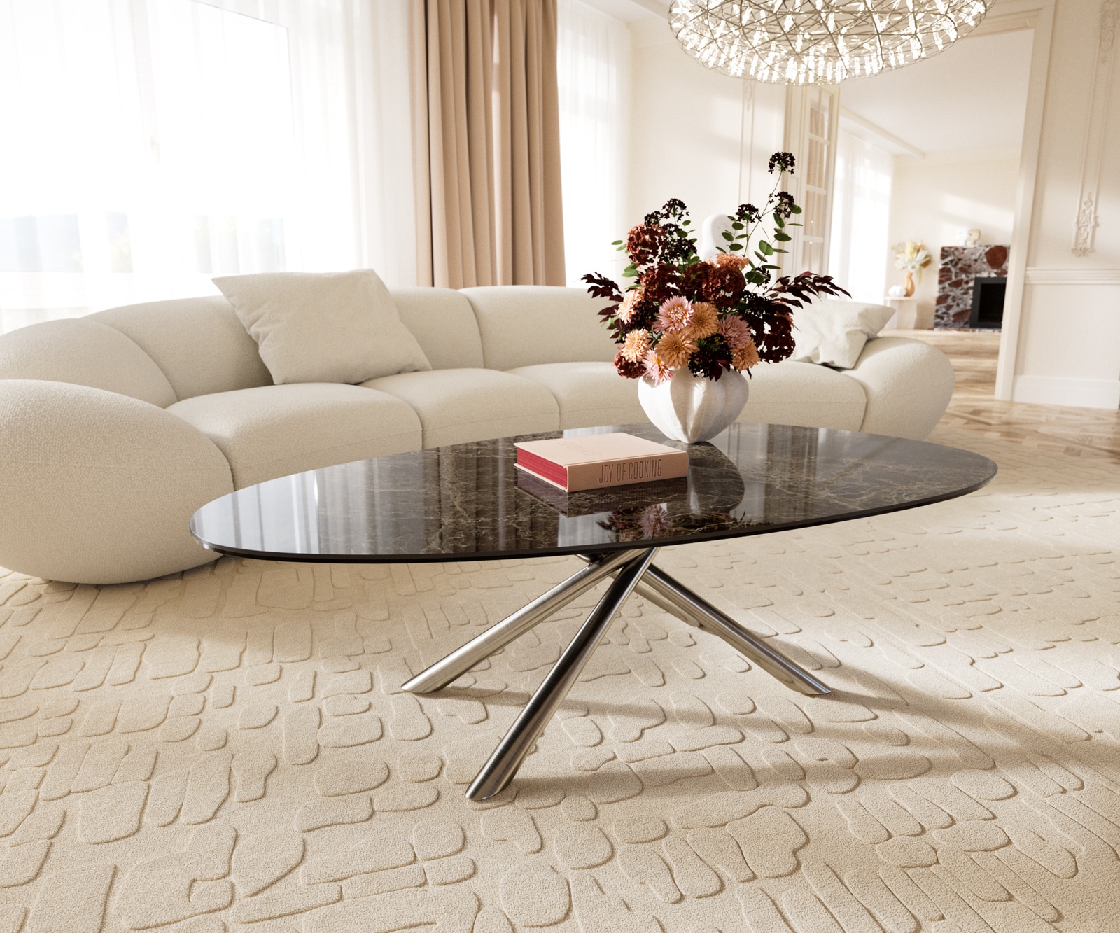 DELIFE Couchtisch Edge Oval 140x75 cm Keramik Laminam Emperador Extra Lucidato Dunkelbraun Sarity Edelstahl gebürstet