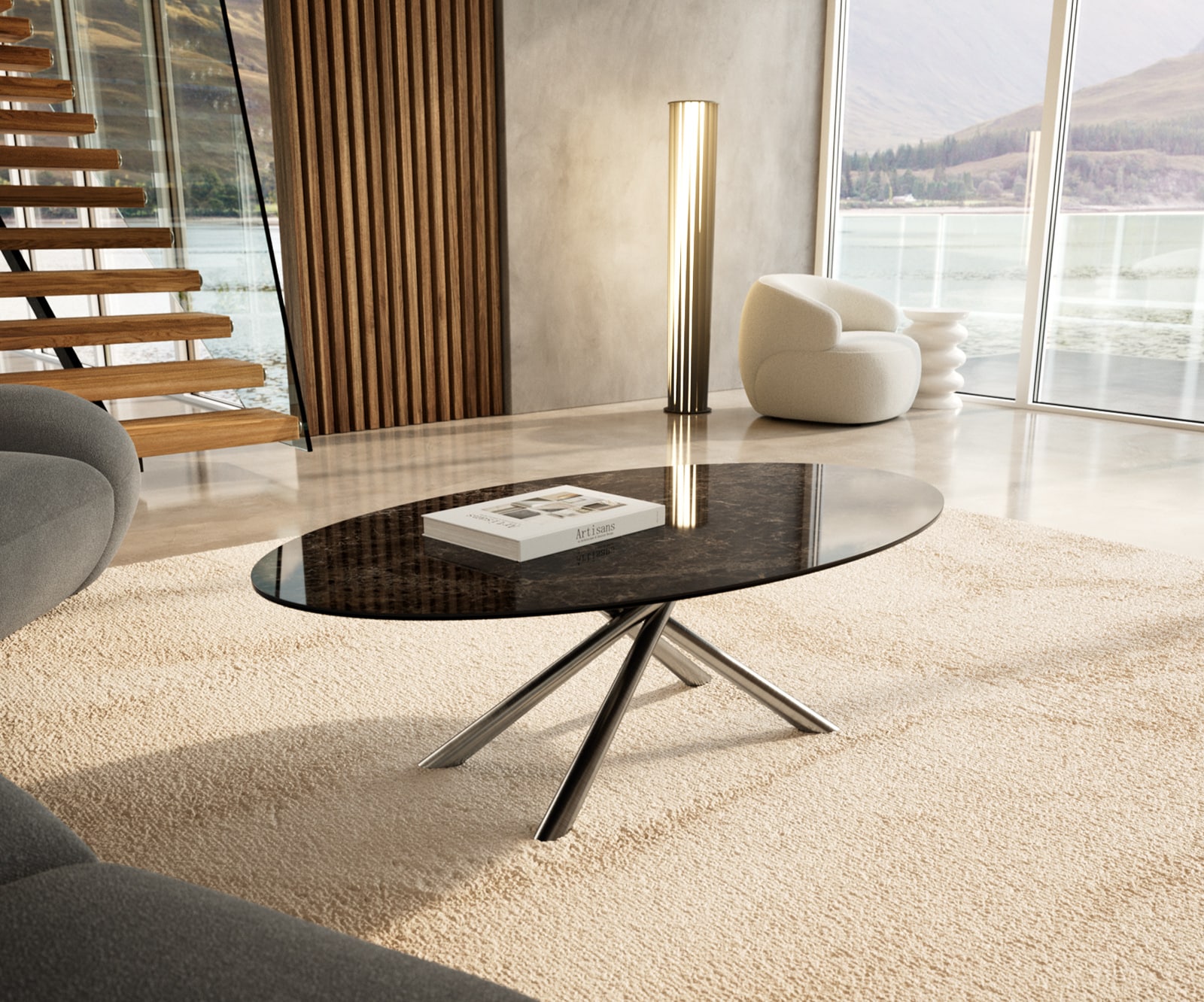 DELIFE Couchtisch Edge Oval 140x80 cm Keramik Laminam Emperador Extra Lucidato Dunkelbraun Sarity Edelstahl gebürstet