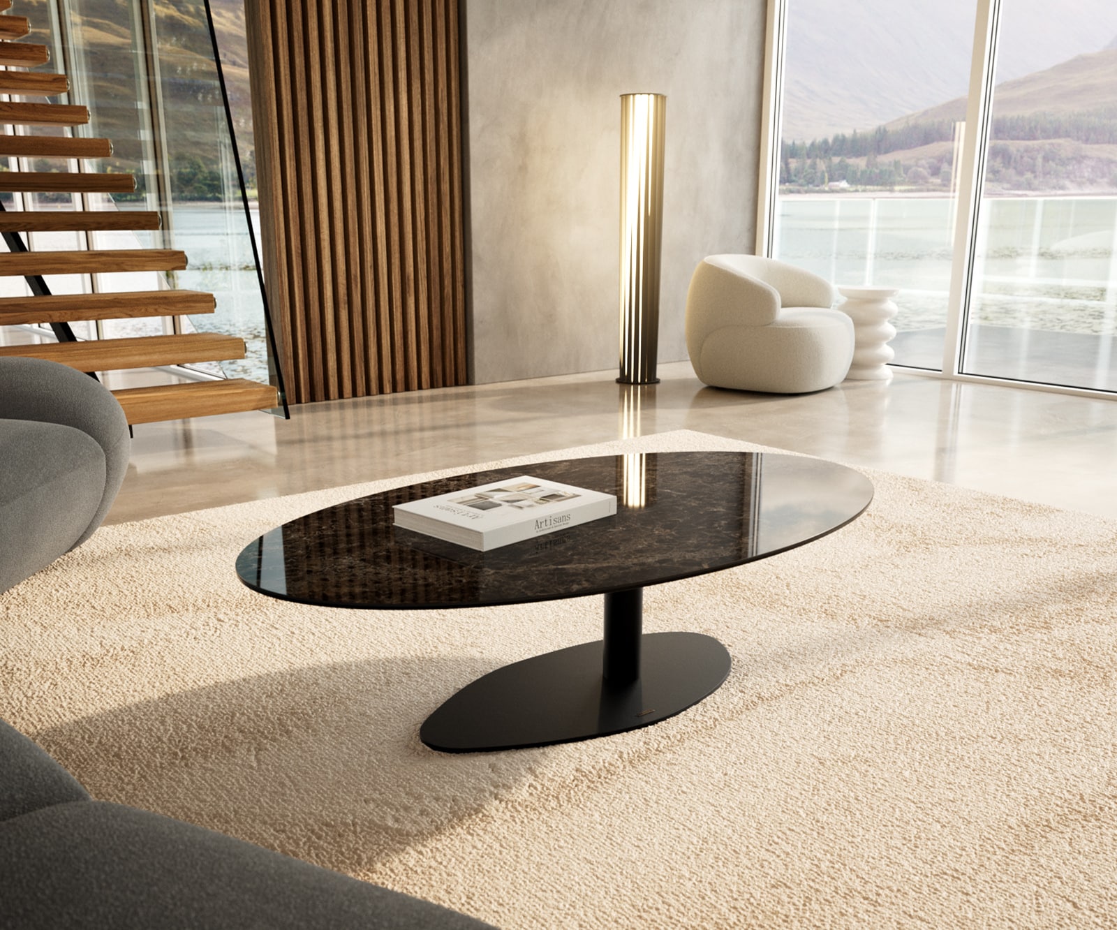 DELIFE Couchtisch Edge Oval 140x80 cm Keramik Laminam Emperador Extra Lucidato Dunkelbraun Vibany Metall Schwarz