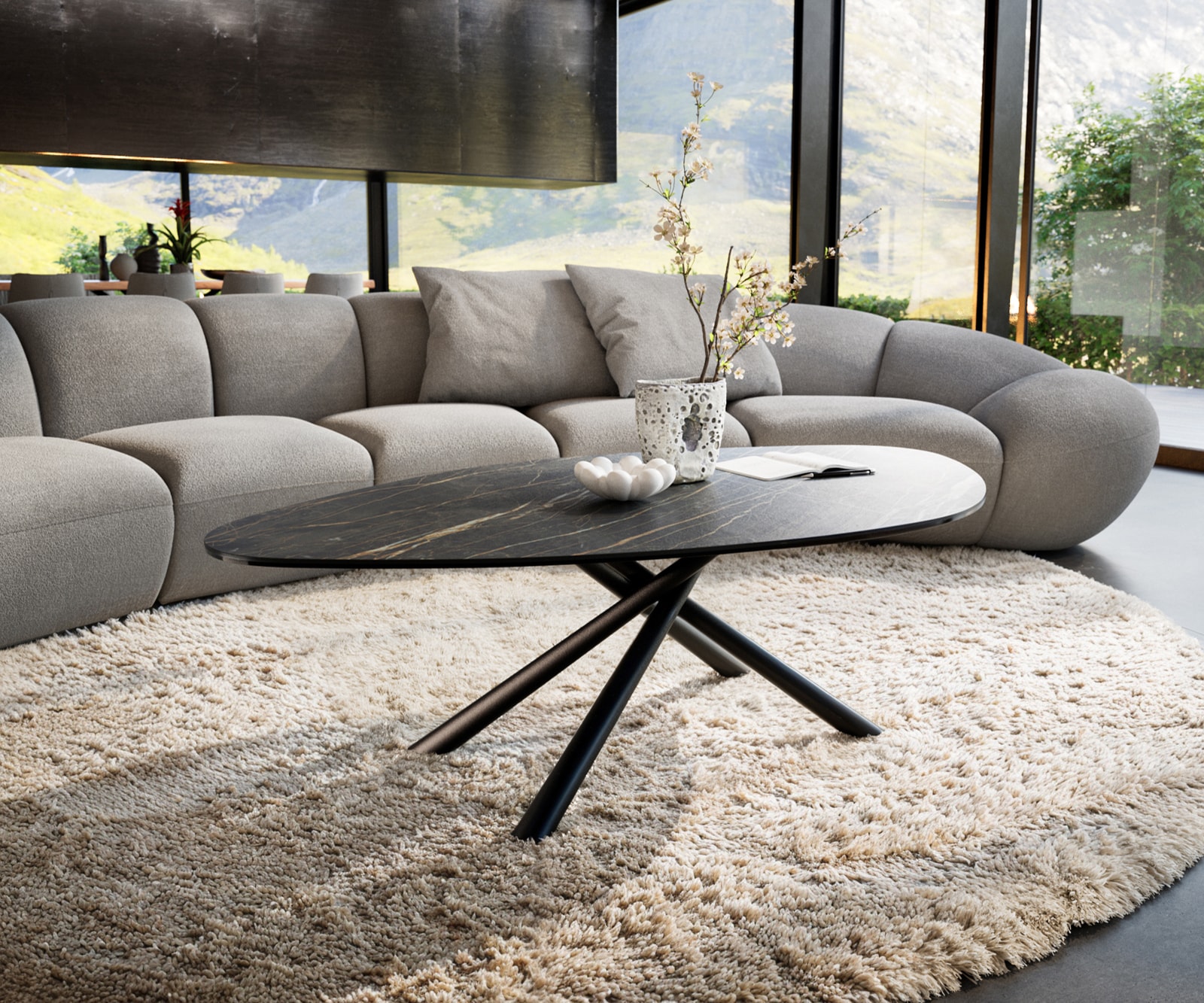 DELIFE Couchtisch Edge Organisch 140x76 cm Keramik Laminam Noir Desir Braun Sarity Metall Schwarz