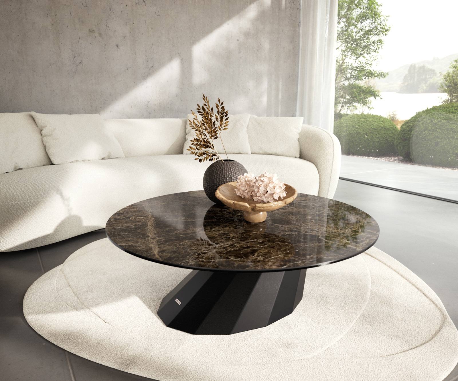 DELIFE Couchtisch Edge Rund 100x100 cm Keramik Laminam Emperador Extra Lucidato Dunkelbraun Parabi Metall Schwarz