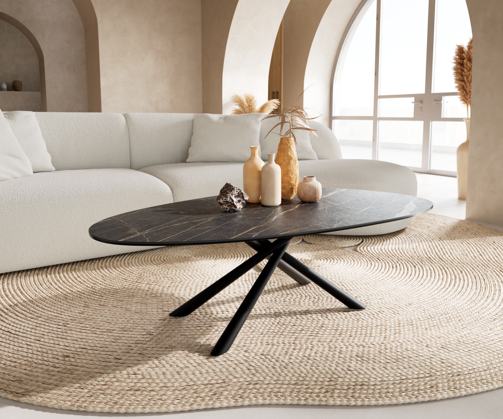 DELIFE Couchtisch Edge Oval 140x75 cm Keramik Laminam Noir Desir Braun Sarity Metall Schwarz