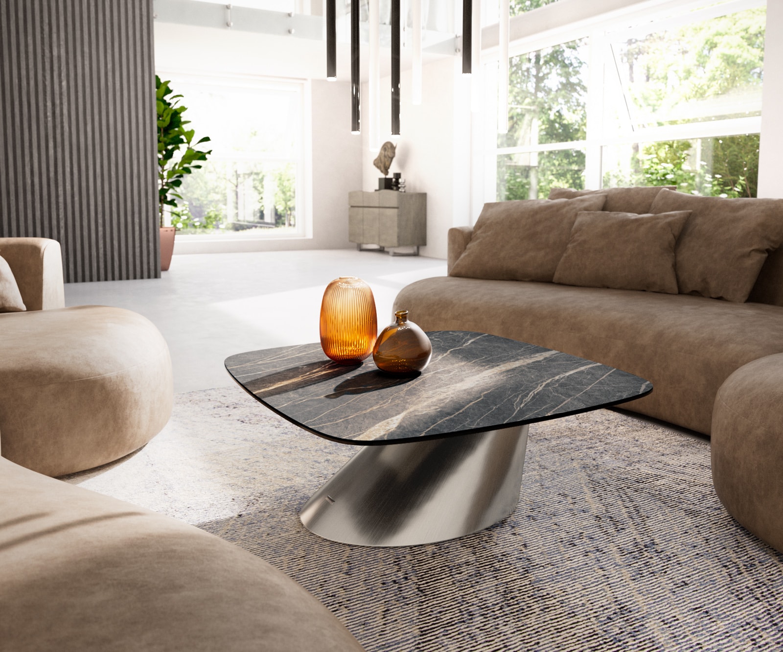 DELIFE Couchtisch Edge Boot 90x90 cm Keramik Laminam Noir Desir Braun Conis Edelstahl gebürstet