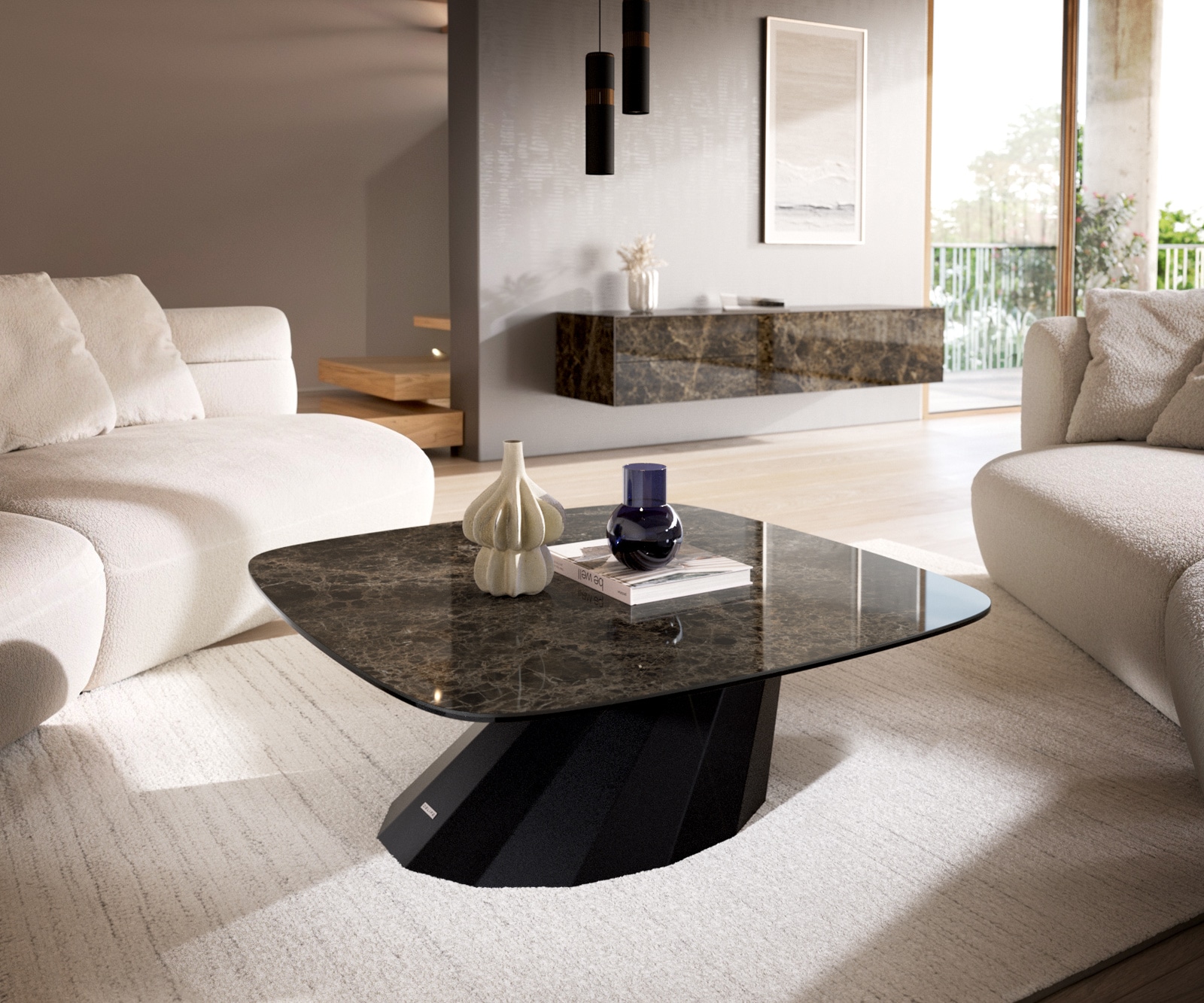 DELIFE Couchtisch Edge Boot 90x90 cm Keramik Laminam Emperador Extra Lucidato Dunkelbraun Parabi Metall Schwarz