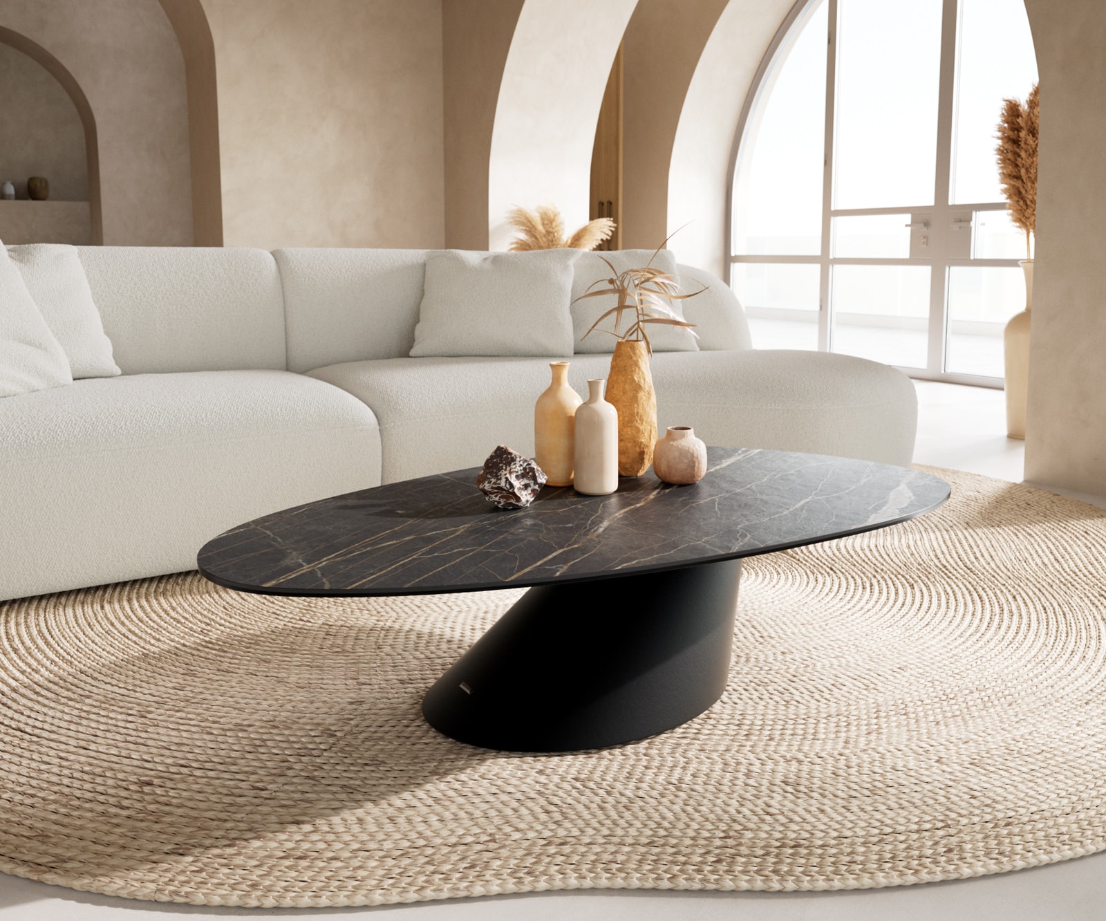 DELIFE Couchtisch Edge Oval 140x75 cm Keramik Laminam Noir Desir Braun Conis Metall Schwarz