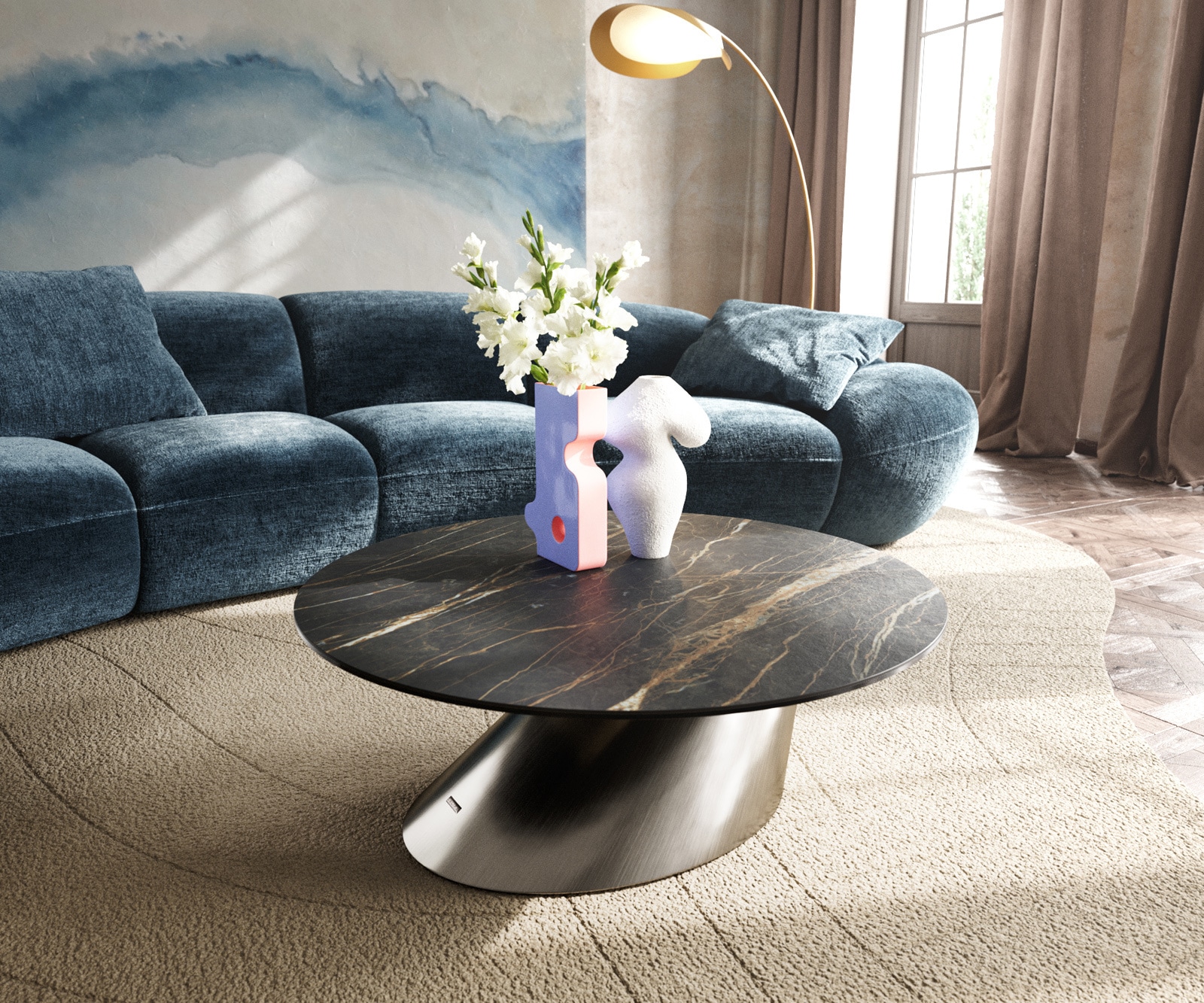 DELIFE Couchtisch Edge Rund 90x90 cm Keramik Laminam Noir Desir Braun Conis Edelstahl gebürstet