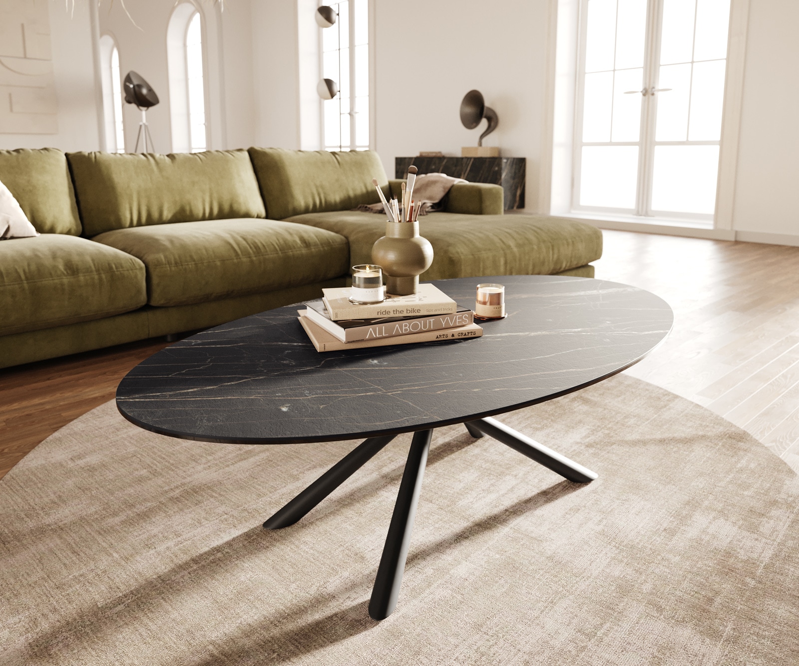 DELIFE Couchtisch Edge Oval 140x80 cm Keramik Laminam Noir Desir Braun Sarity Metall Schwarz