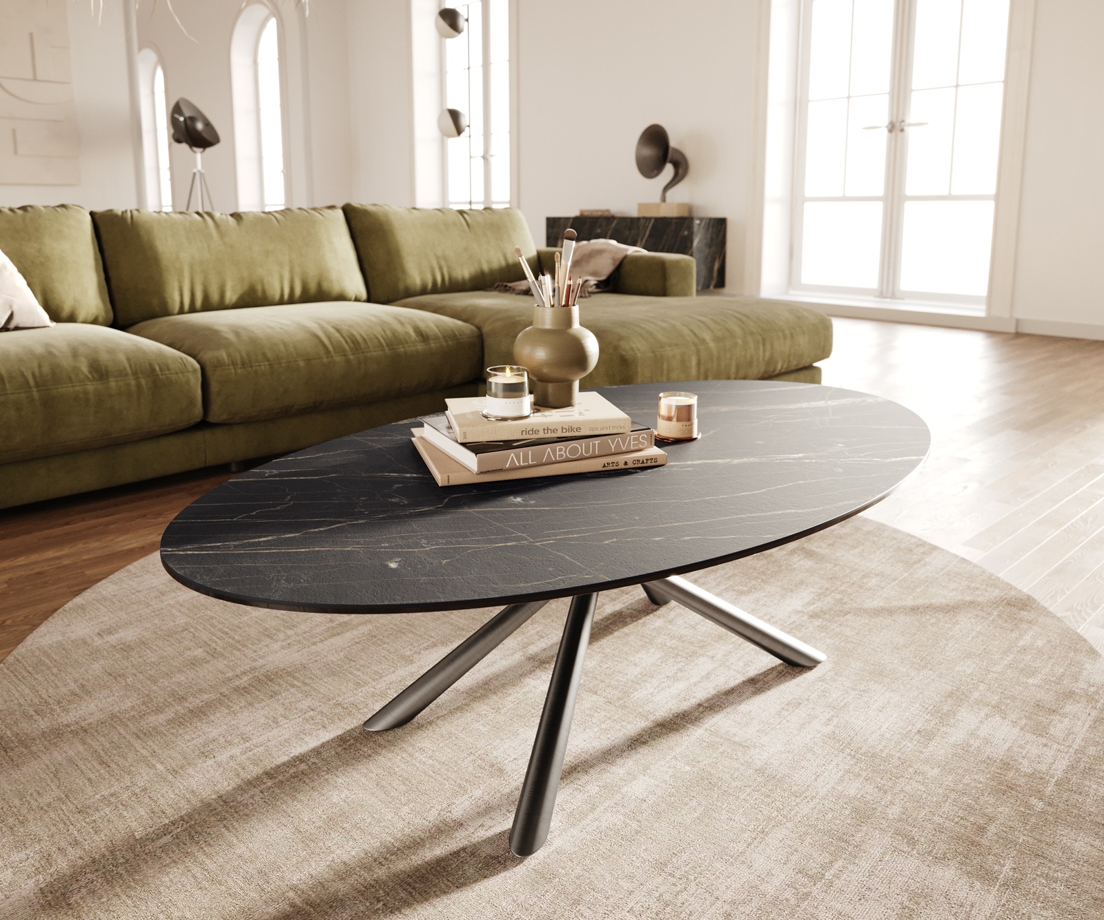 DELIFE Couchtisch Edge Oval 140x80 cm Keramik Laminam Noir Desir Braun Sarity Edelstahl gebürstet
