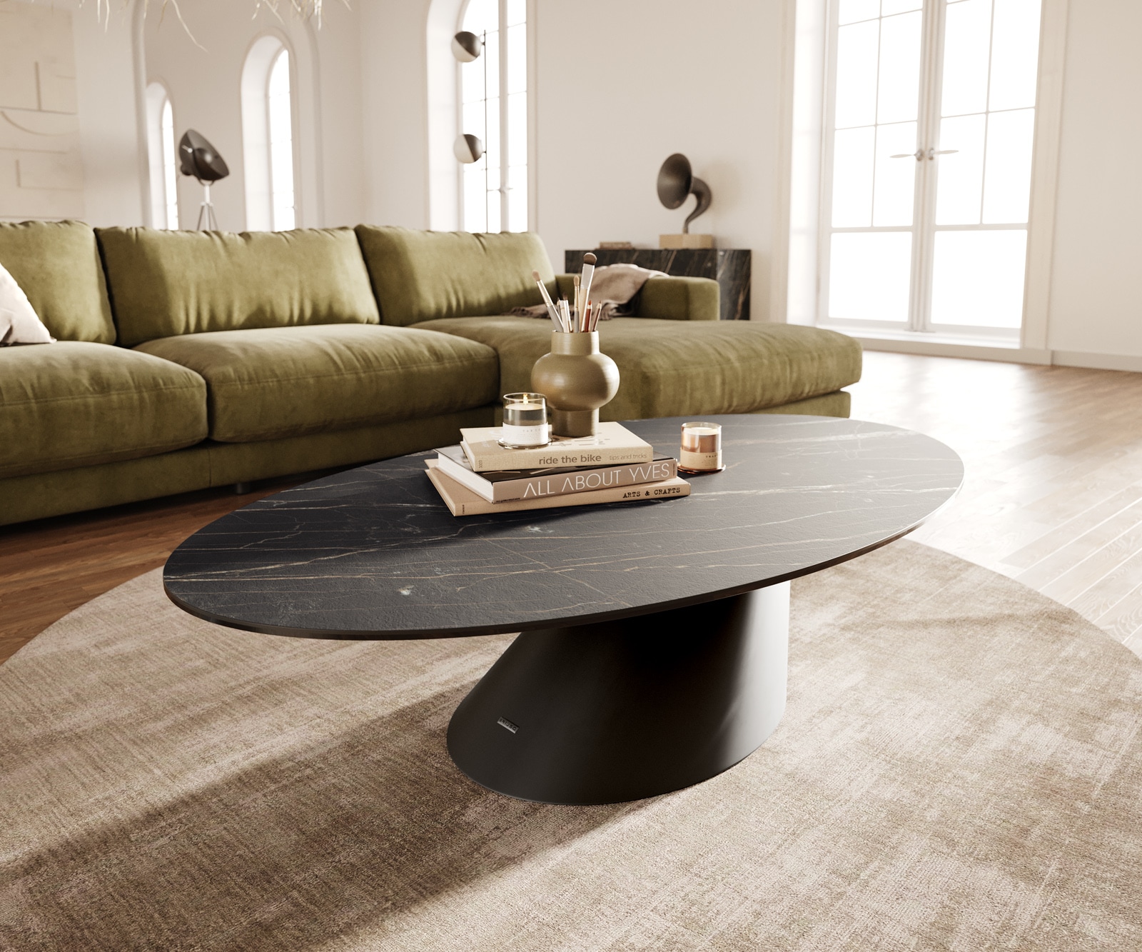 DELIFE Couchtisch Edge Oval 140x80 cm Keramik Laminam Noir Desir Braun Conis Metall Schwarz